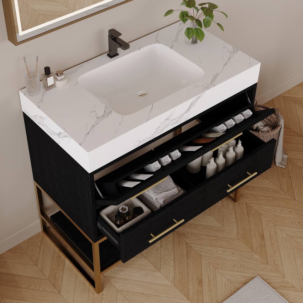 Alt View 1. Loheer - Loheer 36 inch bathroom vanity with Sintered Stone Top, Freestanding Sink Cabinet, Black/White - Black, White.