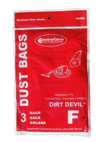 Media 1248W Genuine Filter Media  
EnviroCare TECHNOLOGIES  
DUST BAGS  
Designed to Fit: DIRT DEVIL*  
Pour: DIRT DEVIL*  
Disenado a Medida: DIRT DEVIL*  
3 BAGS  
3 SACS  
3 BOLSAS  
*REGISTERED TRADEMARK OF ROYAL APPLIANCE MFG. CO