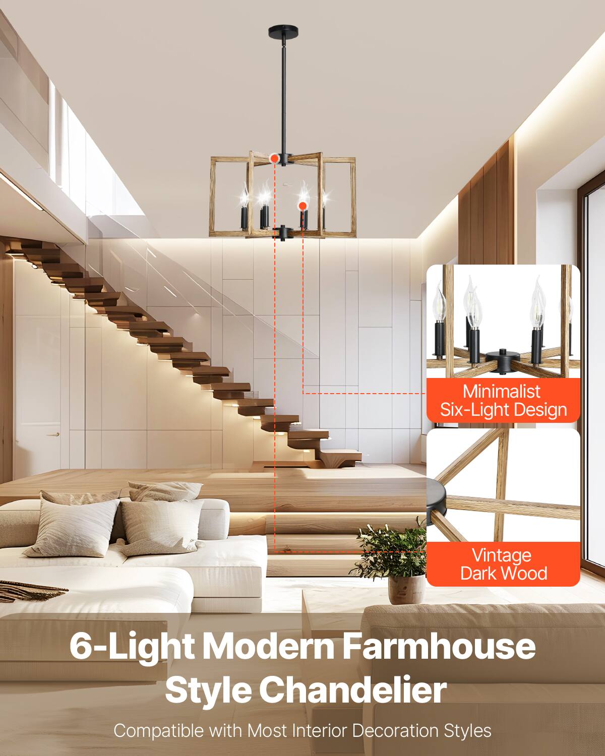 Minimalist Six-Light Design  
Vintage Dark Wood  

6-Light Modern Farmhouse Style Chandelier  

Compatible with Most Interior Decoration Styles