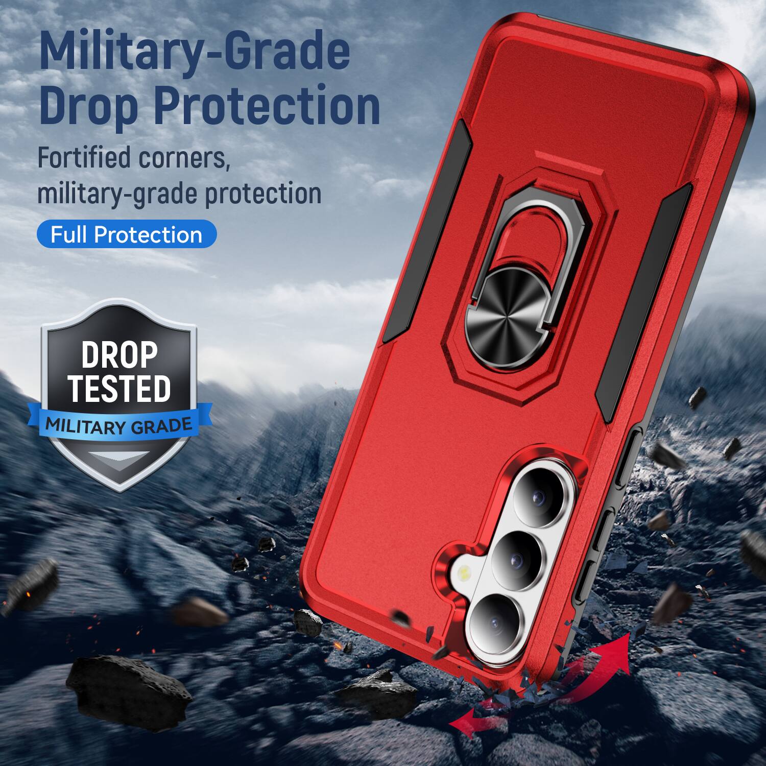 Military-Grade Drop Protection  
Fortified corners, military-grade protection  
Full Protection  

DROP TESTED  
MILITARY GRADE