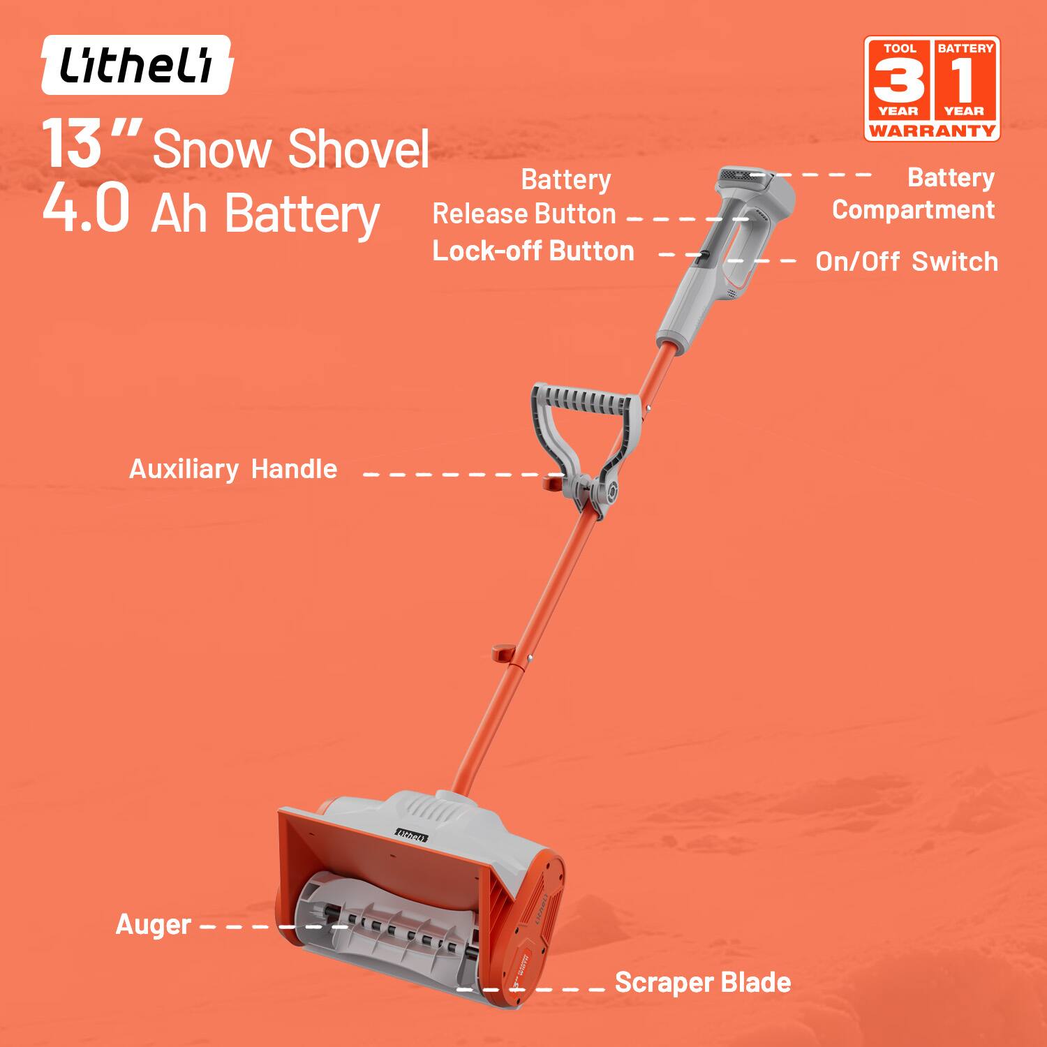 Litheli 13" Snow Shovel 4.0 Ah Battery

- Release Button
- Lock-off Button
- Battery Compartment
- On/Off Switch
- Auxiliary Handle
- Auger
- Scraper Blade

TOOL BATTERY
3 YEAR WARRANTY
1 YEAR WARRANTY