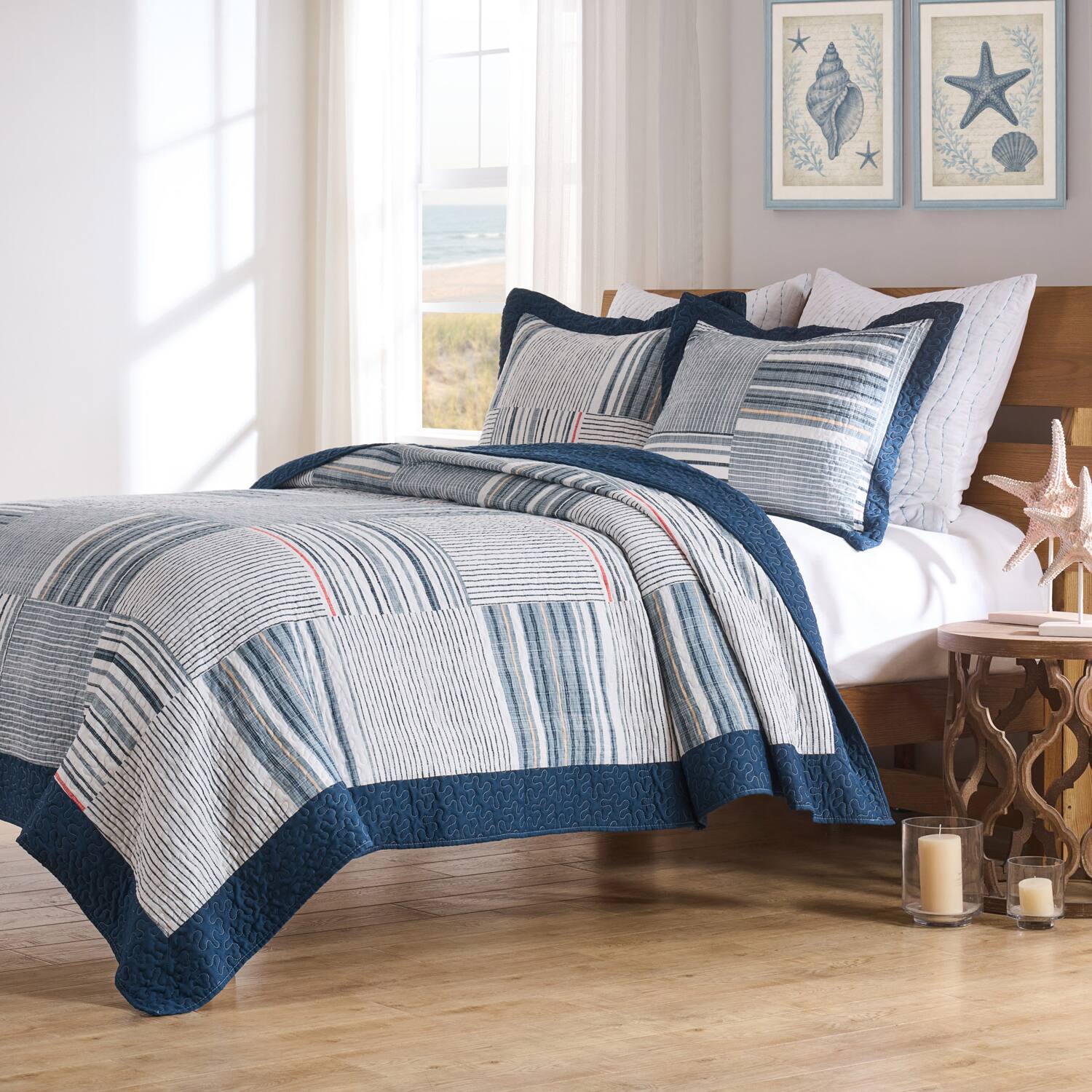 Left. Greenland Home Fashions - Greenland Home Fashions Voyage Polyester Reversible Lightweight Quilt Set 3 PC Full/Queen Blue - Blue.