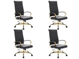 LeisureMod - Set of 4 Benmar High-Back Leather Upholstered Swivel Executive Office Chair with Gold Accents, Adjustable, and Tilt - Black