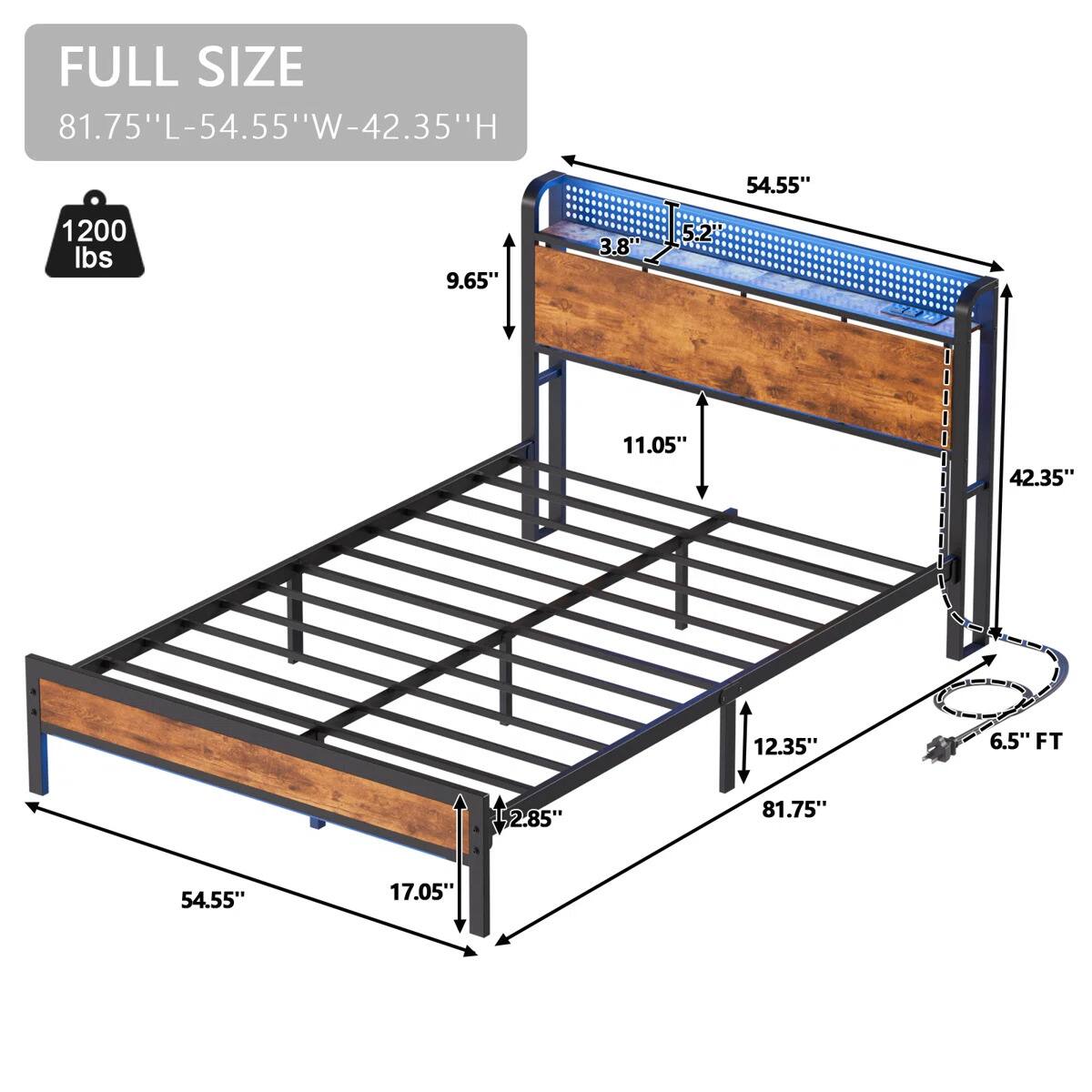 FULL SIZE  
81.75"L-54.55"W-42.35"H  
1200 lbs  
9.65"  
3.8"  
5.2"  
11.05"  
42.35"  
12.35"  
6.5" FT  
2.85"