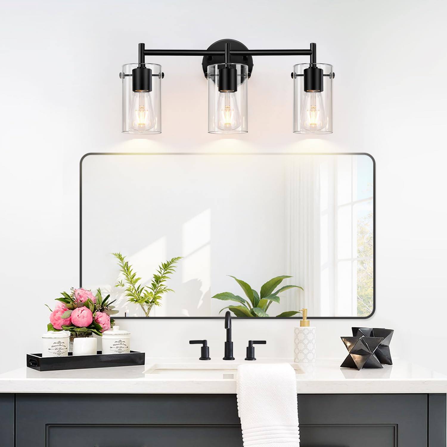 Alt View 2. Earthley Blooms - Bathroom Light Fixtures 2023 Upgrade 3-light Matte Vanity Lights Over Mirror With Clear Glass Shade Wall ... - Black and Gold-3-Light.