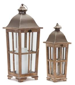BreeBe - Tapered Wood Lantern with Metal Lid (Set of 2) - Brown