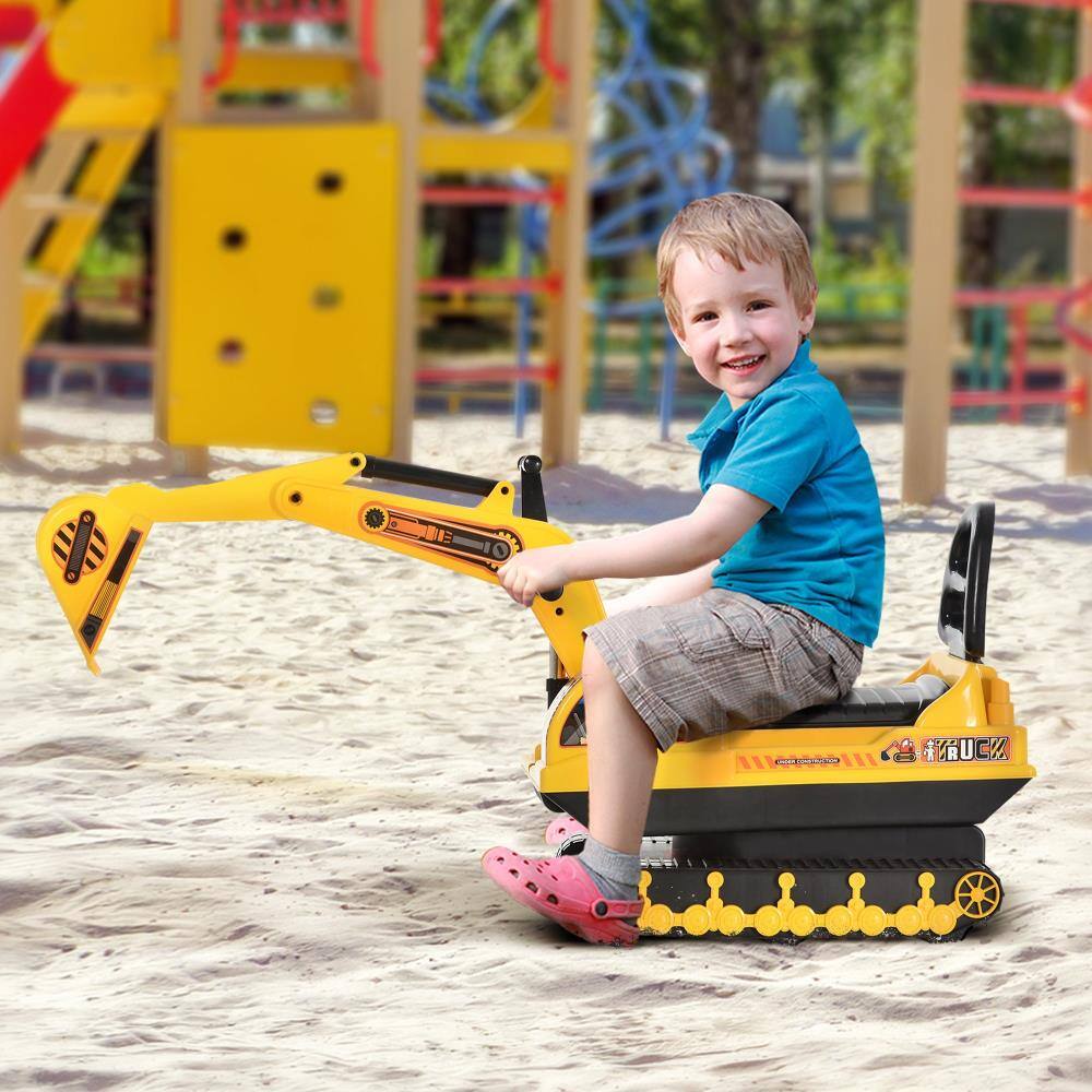 Angle. BreeBe - No-Power Ride On Excavator Toy Tractor with Movable Digger, Scooter Walker & Storage Basket for Toddlers 3+ - Yellow.