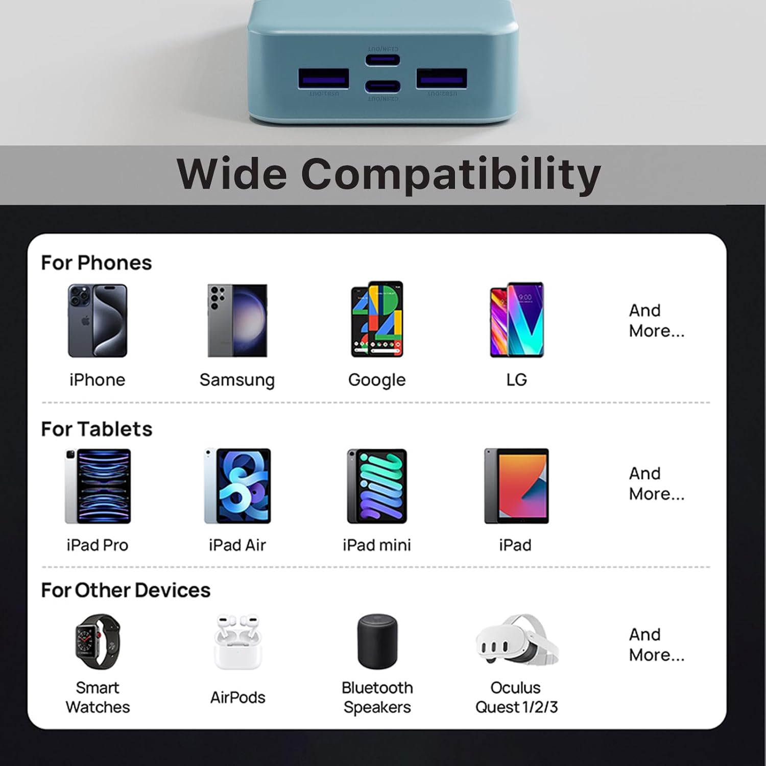 Wide Compatibility

For Phones
- iPhone
- Samsung
- Google
- LG
- And More...

For Tablets
- iPad Pro
- iPad Air
- iPad mini
- iPad
- And More...

For Other Devices
- Smart Watches
- AirPods
- Bluetooth Speakers
- Oculus Quest 1/2/3
- And More...