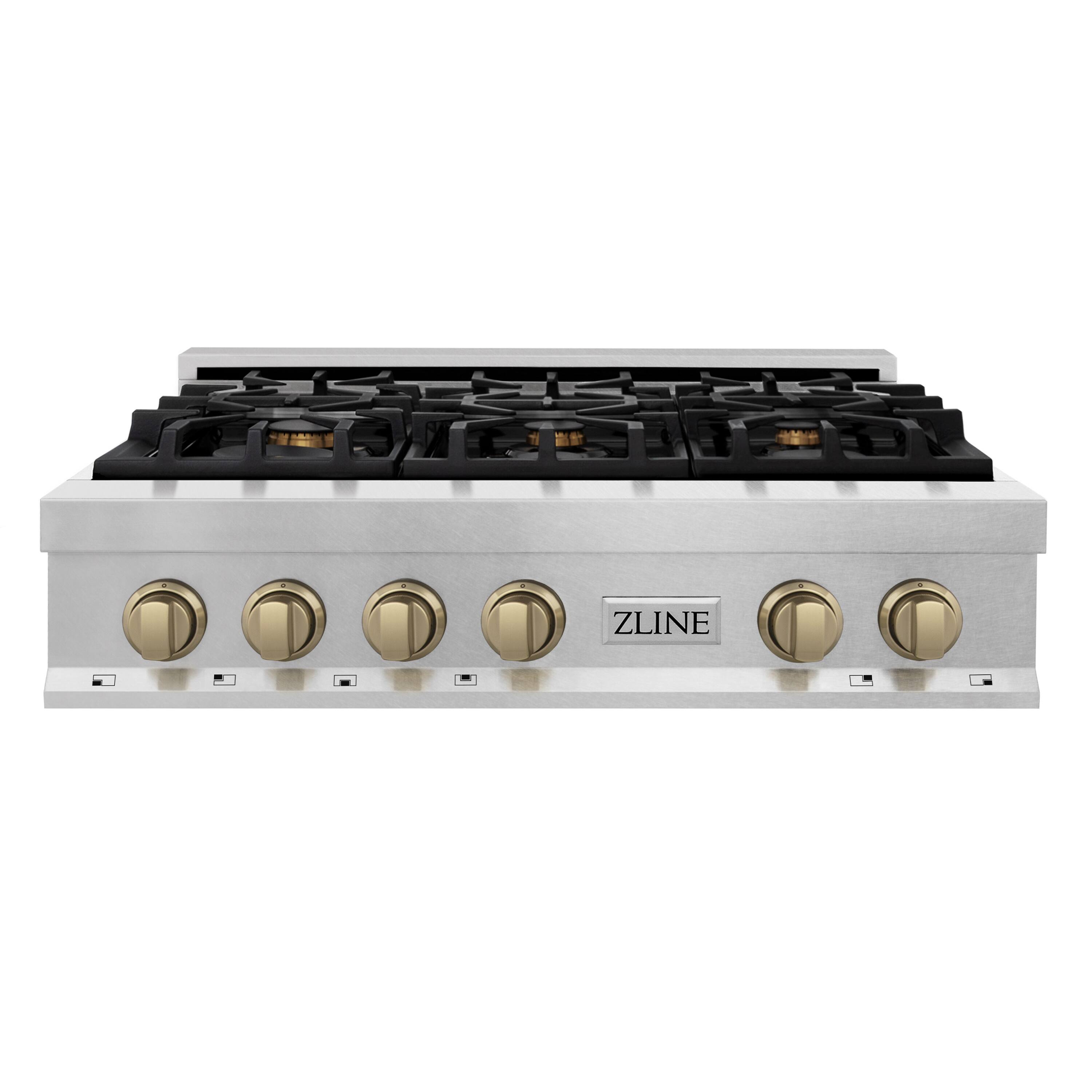 Front. ZLINE - ZLINE Autograph 36 in. Legacy Gas Rangetop with 6 Burners in Satin Steel with Bronze Accents - Satin Stainless Steel.