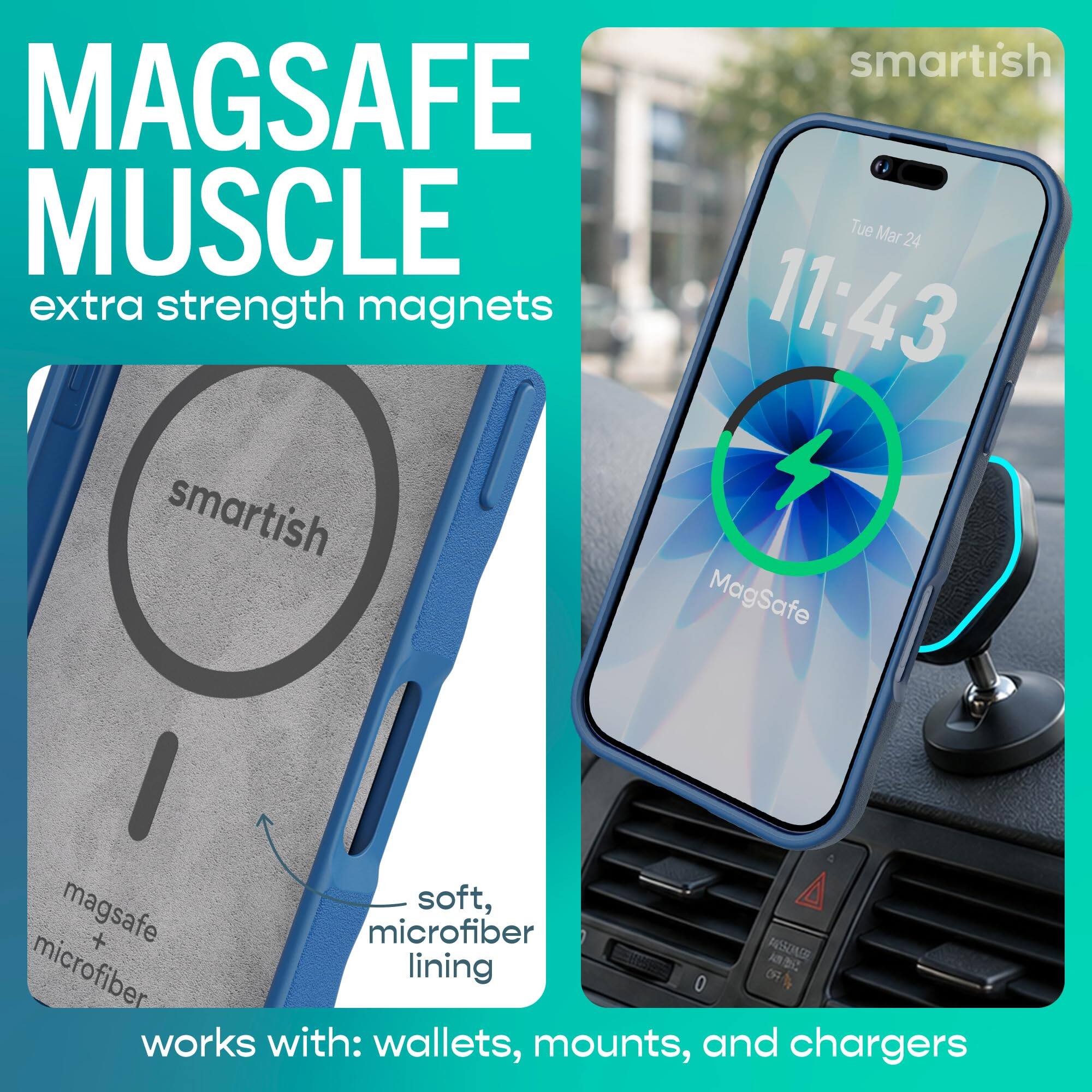 MAGSAFE MUSCLE  
extra strength magnets  

smartish MAGSAFE  

magsafe soft, + microfiber PASSONER microfiber lining OFF  

works with: wallets, mounts, and chargers