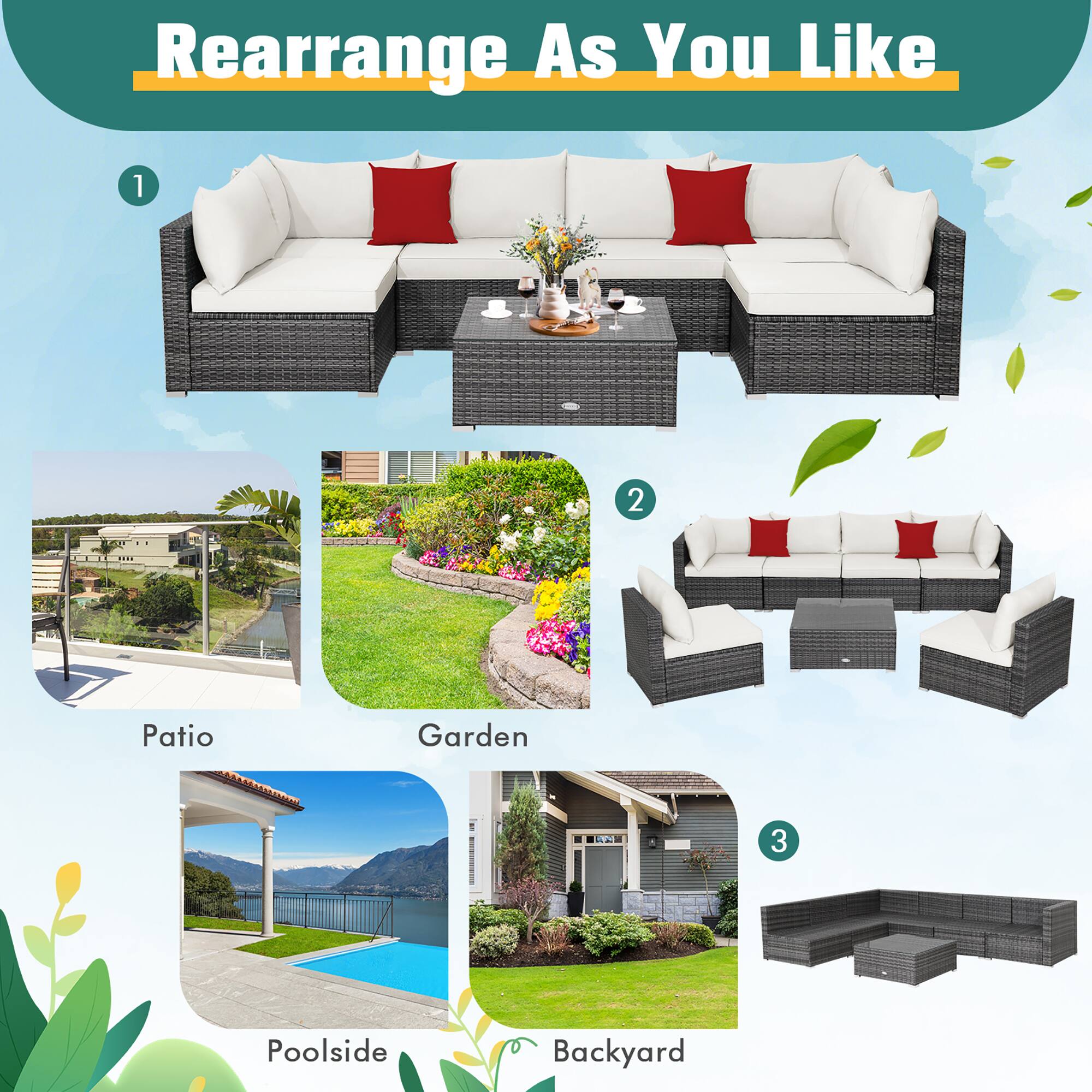 Rearrange As You Like:

1. Patio
2. Garden
3. Poolside
4. Backyard