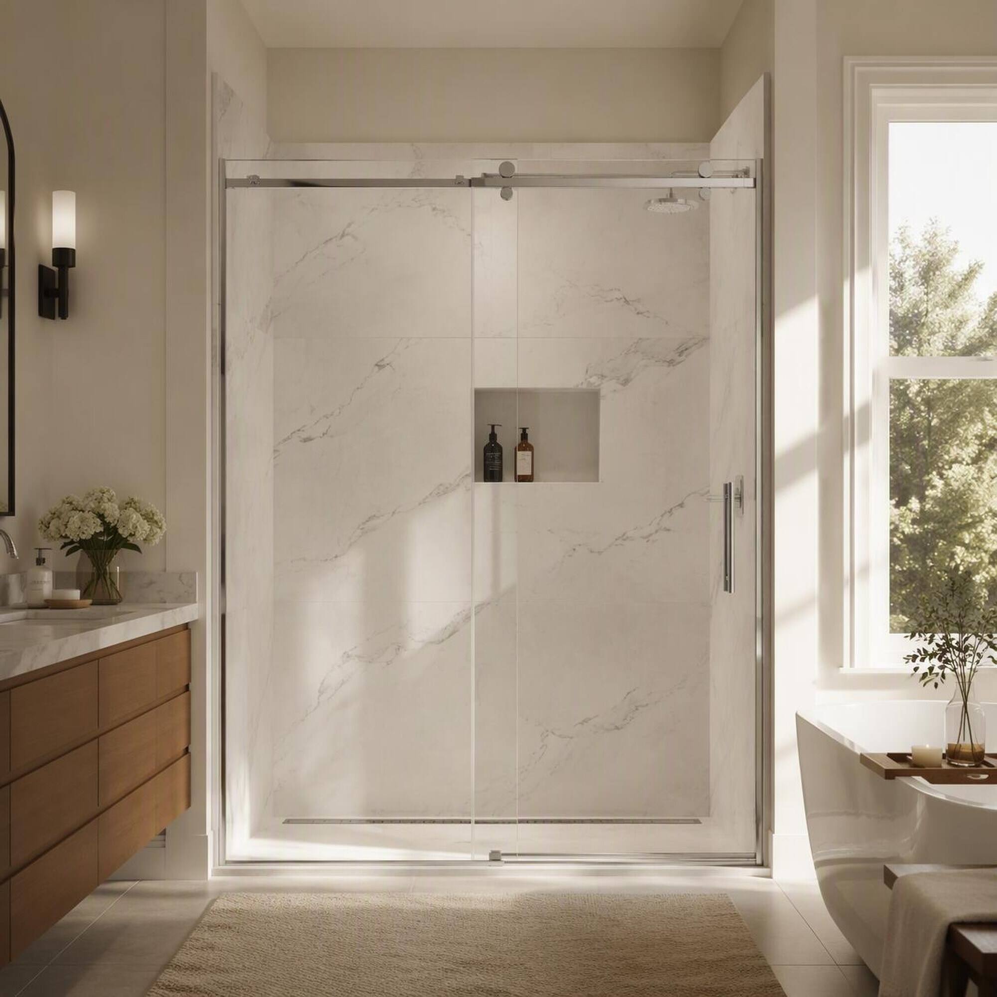 Back. RYHNUYNE - Frameless Single Sliding Shower Door 56-60" W X 76" H With 1/4" Tempered Glass, Brushed Nickel Square Tube Track - Brushed Nickel.