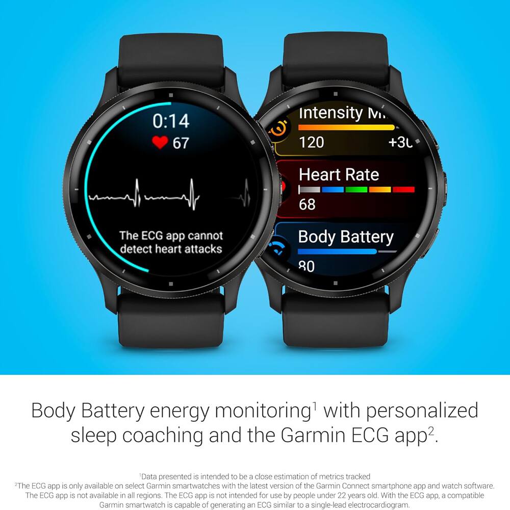 0:14  
67 Intensity M.  
120 +3  
Heart Rate 68  
Body Battery 80  

The ECG app cannot detect heart attacks  

Body Battery energy monitoring¹ with personalized sleep coaching and the Garmin ECG app².  

¹Data presented is intended to be a close estimation of metrics tracked.  
²The ECG app is only available on select Garmin smartwatches with the latest version of the Garmin Connect smartphone app and watch software. The ECG app is not available in all regions. The ECG app is not intended for use by people under 22 years old. With the ECG app, a compatible Garmin smartwatch is capable of generating an ECG similar to a single-lead electrocardiogram.