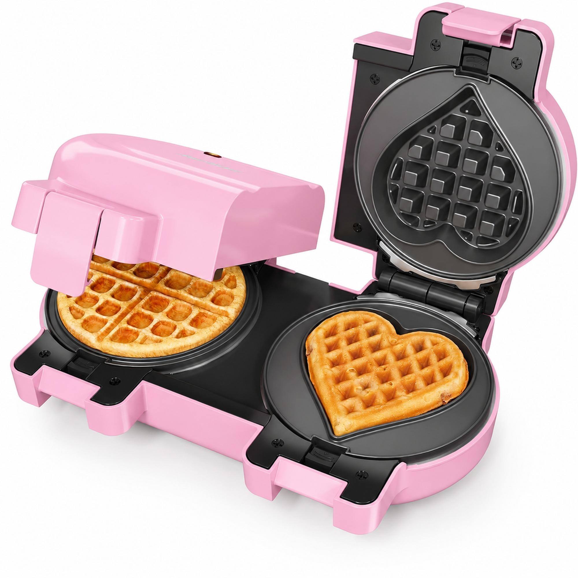Front. RYHNUYNE - 2 in 1 Heart Shape Waffle Maker, 4.6 in Double Mini Waffle Iron, Pink, Removable Ceramic Plates, Flip Control - Pink.