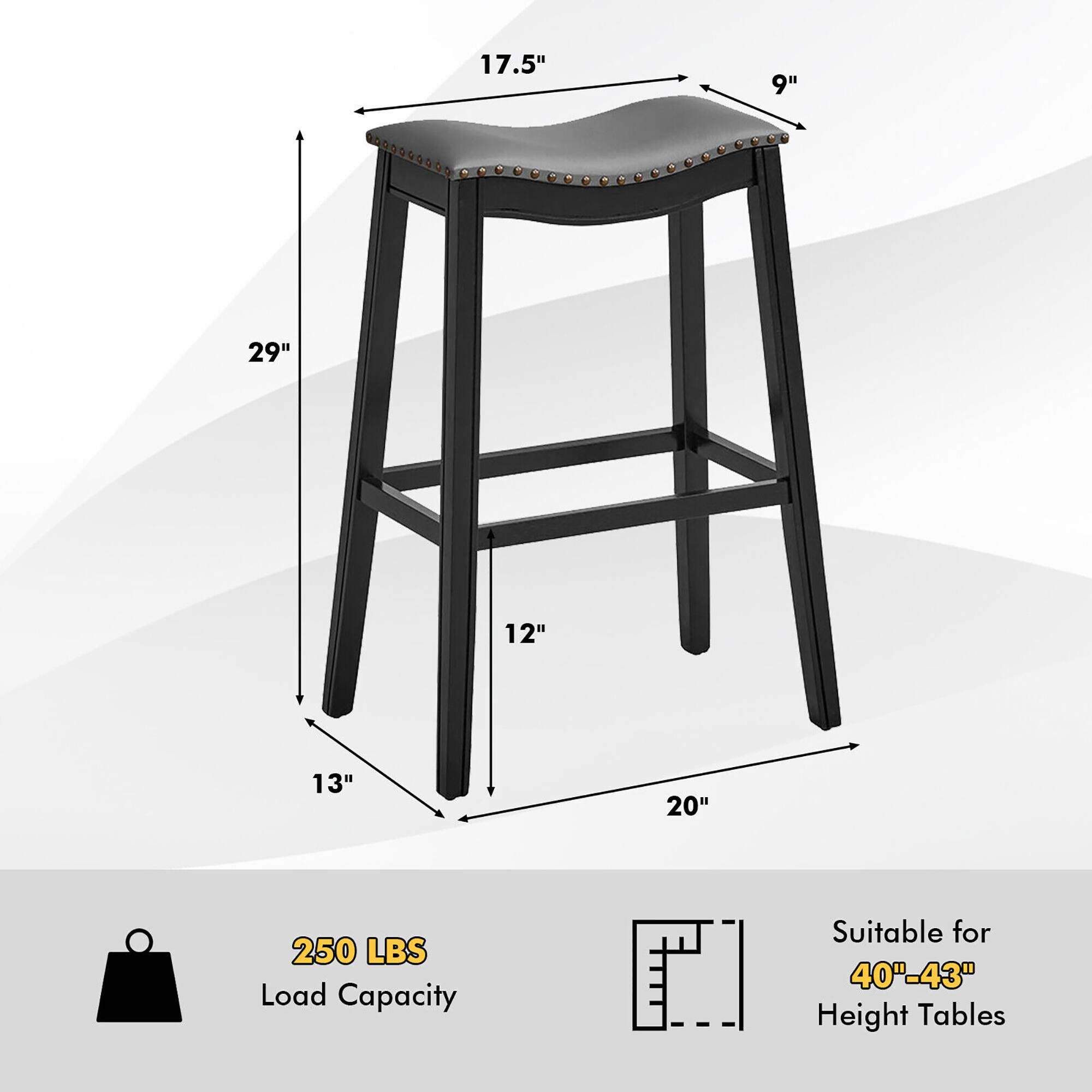 17.5", 9", 29", 12", 13", 20", 250 LBS Load Capacity, Suitable for 40"-43" Height Tables