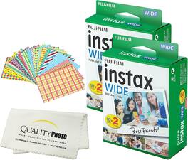 Instax Wide Instant Film 40 SHEETS - For Fujifilm Instax Wide Cameras + Frame Stickers and Microfiber Cloth - White