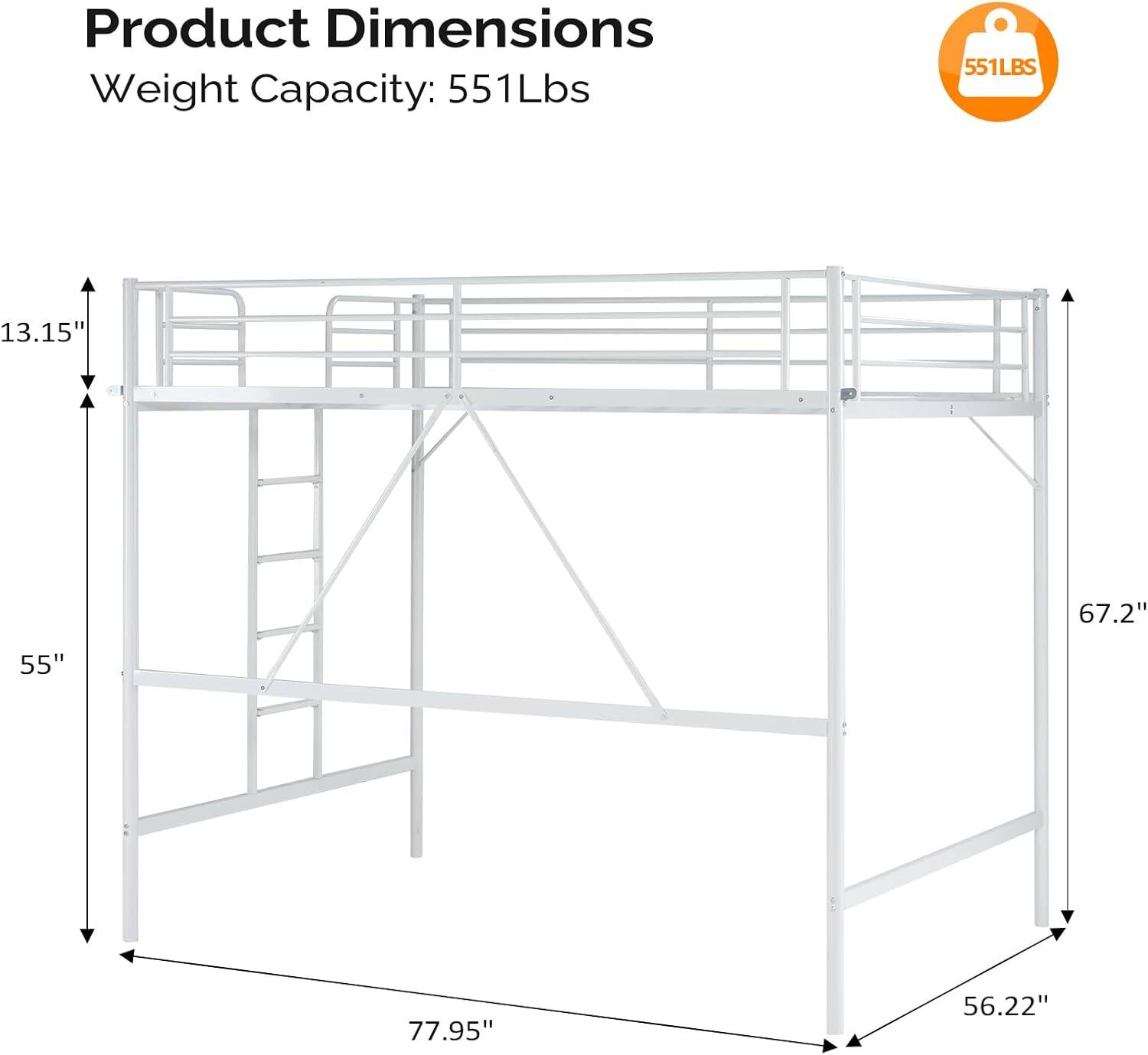 Product Dimensions  
Weight Capacity: 551Lbs  

- Height: 13.15"  
- Width: 77.95"  
- Depth: 56.22"  
- Height from floor to lower bunk: 55"  
- Height from floor to top bunk: 67.2"