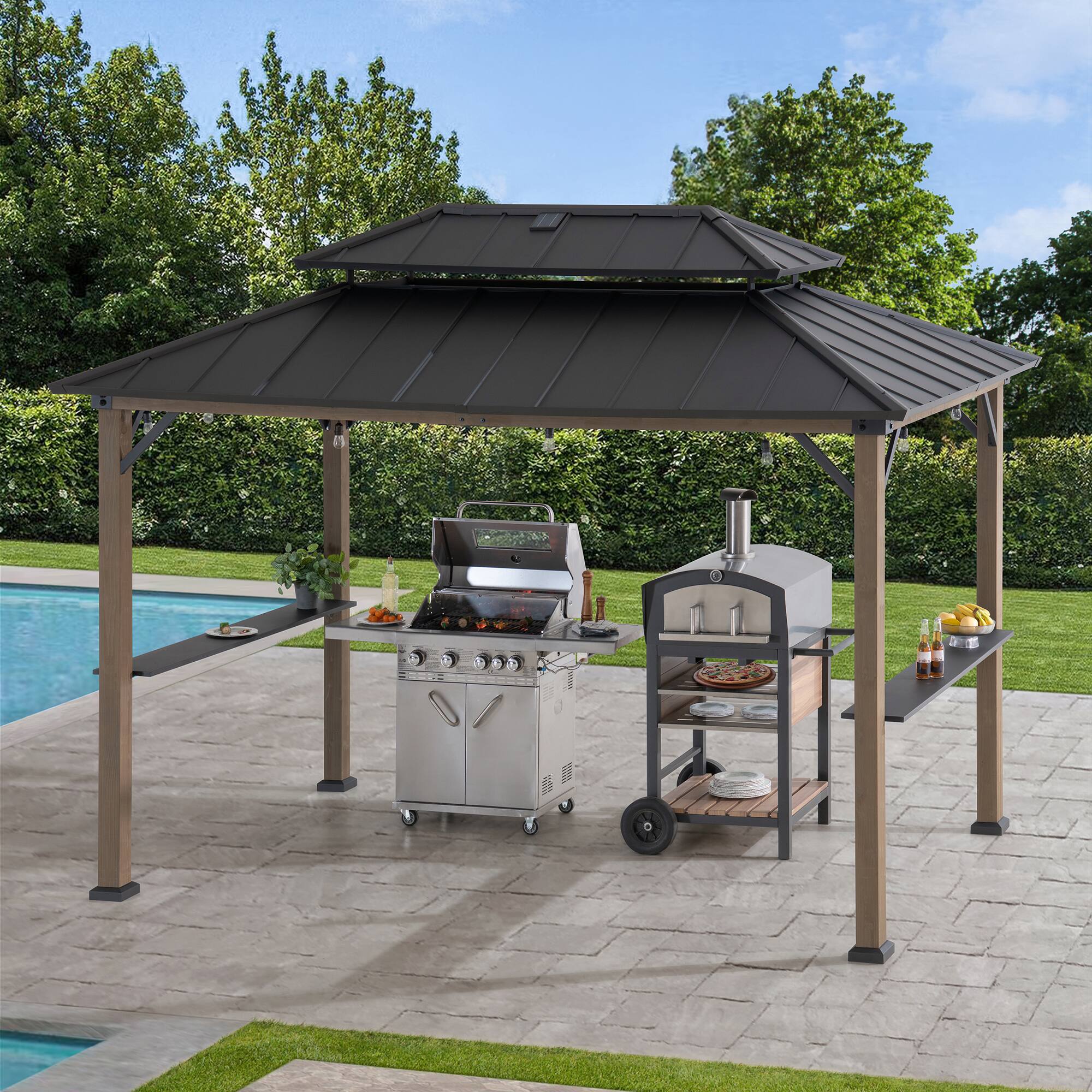 Angle. SUNJOY - Sunjoy 8ft. x 12 ft. Churchill Cedar Framed Grill Gazebo with DC Solar Power - Churchill Cedar+DC Solar Power+Brown.