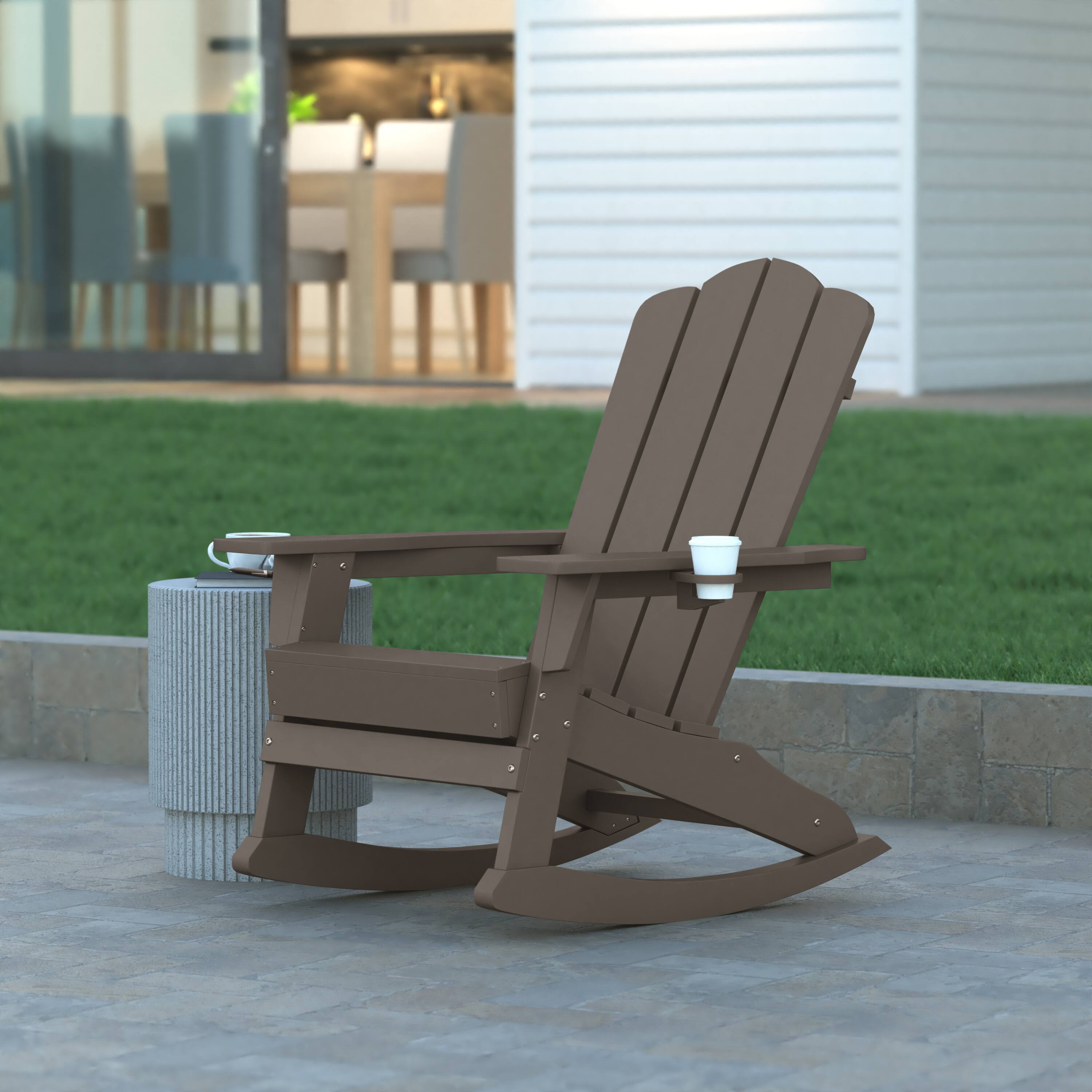 Alt View 1. Emma + Oliver - Tiverton Adirondack Rocking Chair with Cup Holder, Weather Resistant HDPE Adirondack Rocking Chair - Brown.