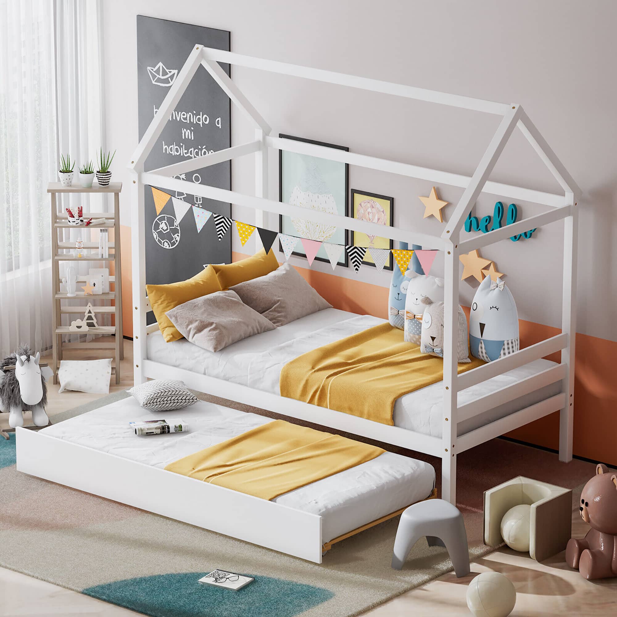 Gymax - Twin House Bed Frame w/ Trundle Roof Wooden Platform Mattress Foundation - White price history on PriceWatchPro