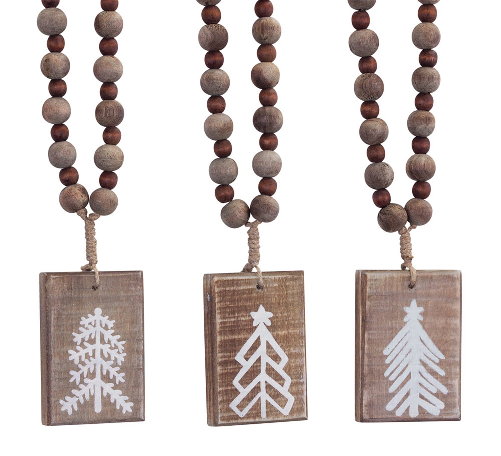 Angle. BreeBe - Rustic Wood Tree Tag Ornament with Beaded Hanger (Set of 6) - Brown, White.