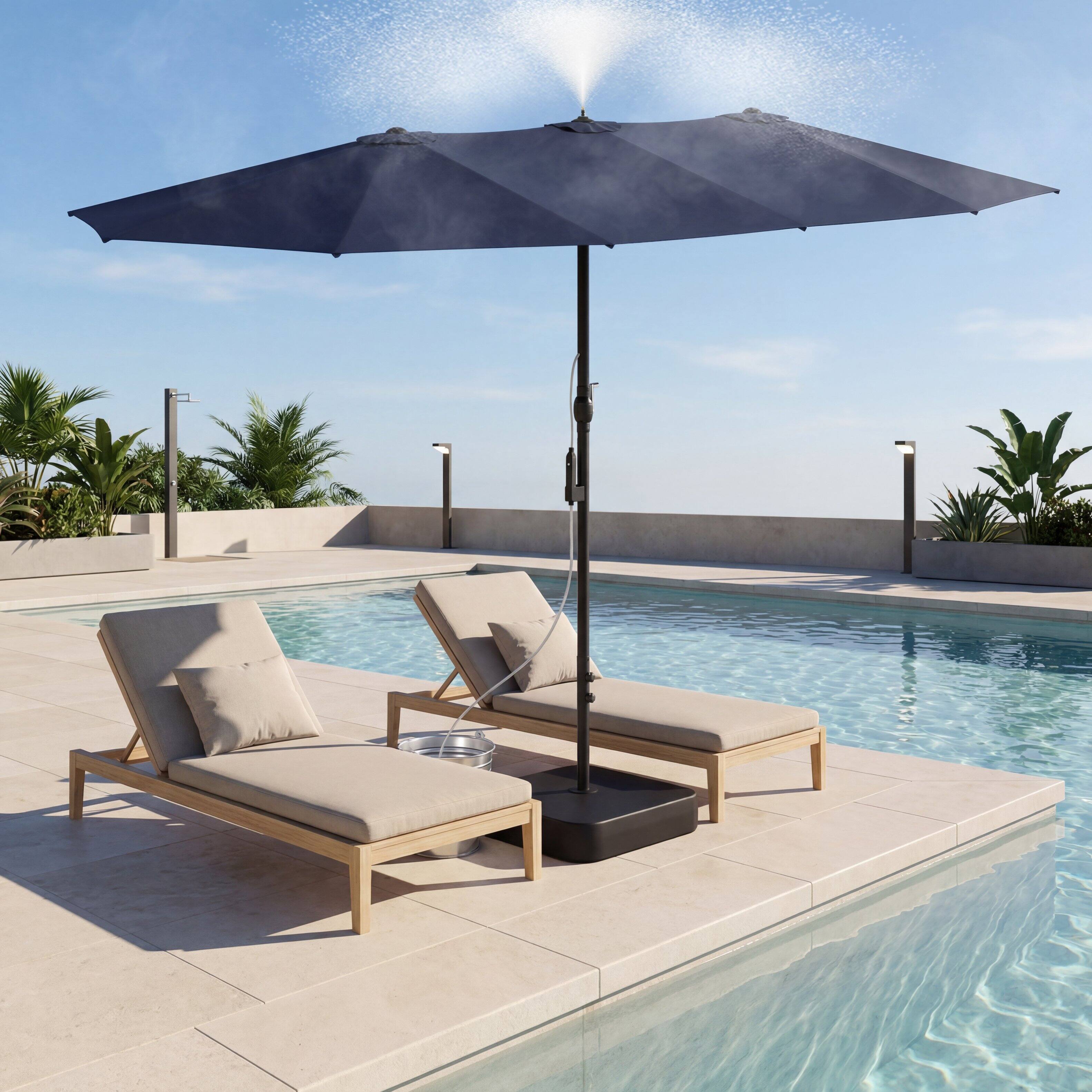 Back. Famapy - 11ft Double-Top Patio Misting Umbrella - Spray Cooling System & Reinforced Frame for Pool, Garden - Navy blue.