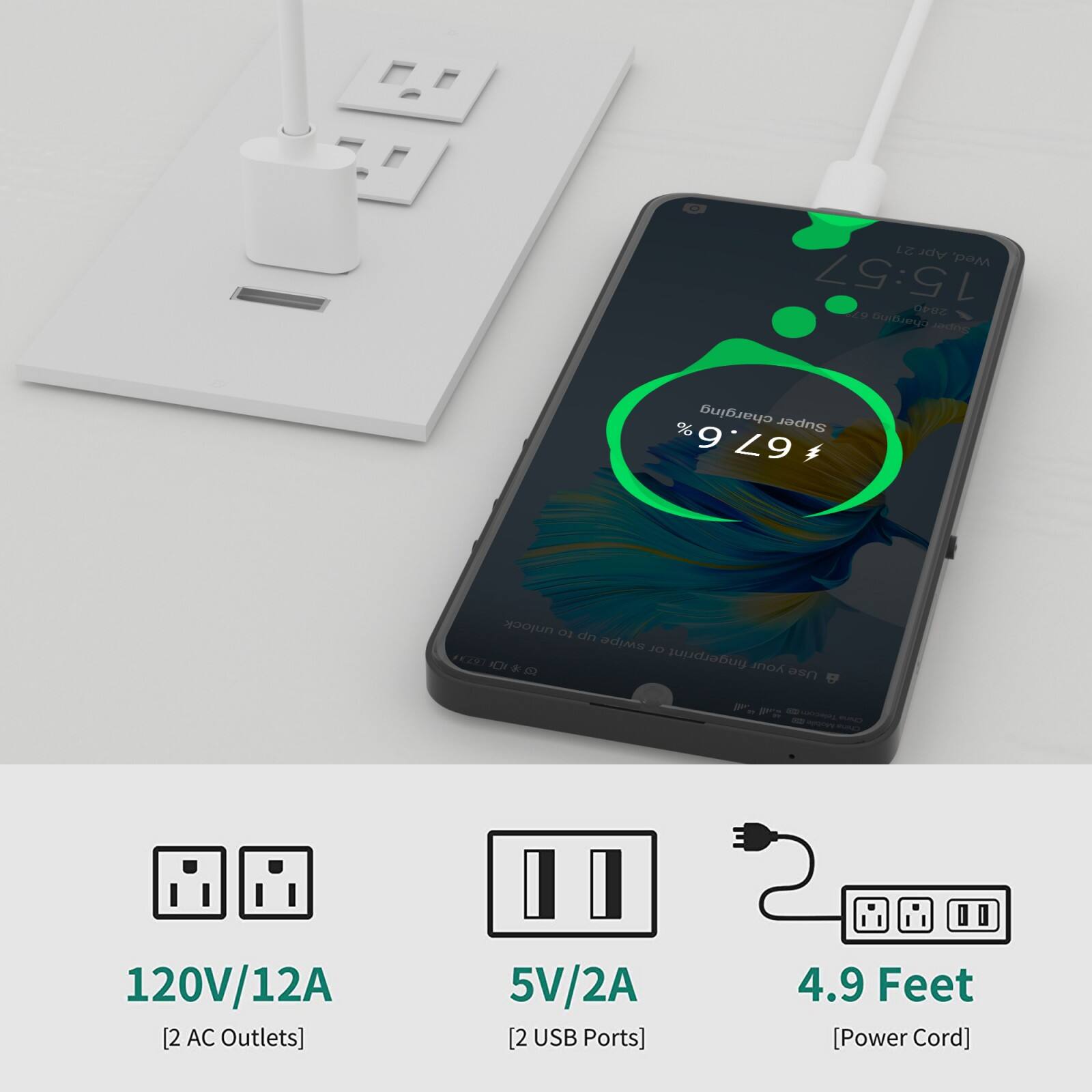 21 Apr Wed. 15:57  
20 Se30 bustueuT JOnE charging Super 67.6%  
unlock DI dn swipe DI E0 IC . fingerprint your 03  

- - -  
120V/12A [2 AC Outlets]  
5V/2A [2 USB Ports]  
4.9 Feet [Power Cord]