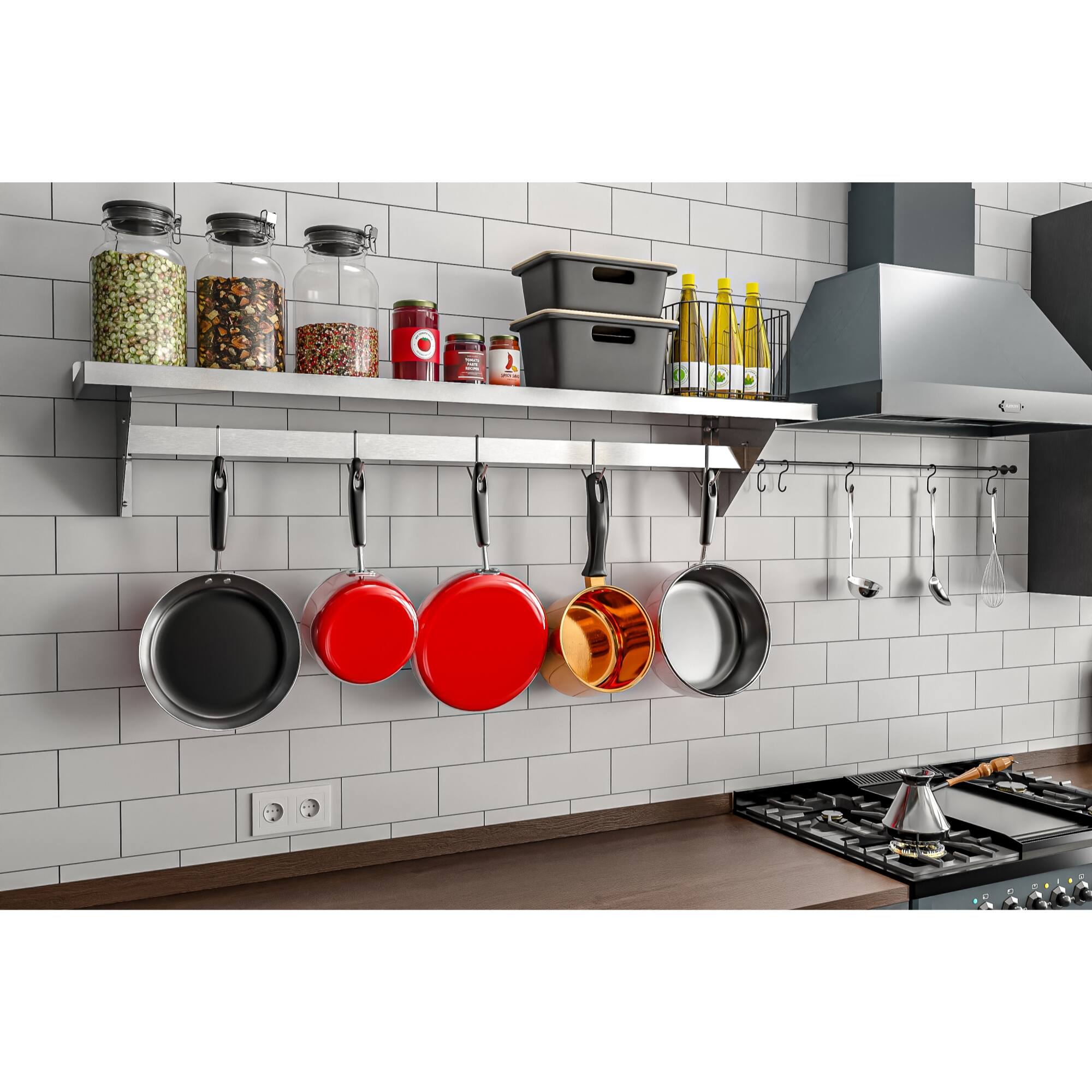 Alt View 8. Koolmore - 12" x 60" 18-Gauge Stainless-Steel Heavy Duty Wall Shelf with Pot Rack, WMPS-1260. - Stainless-Steel.