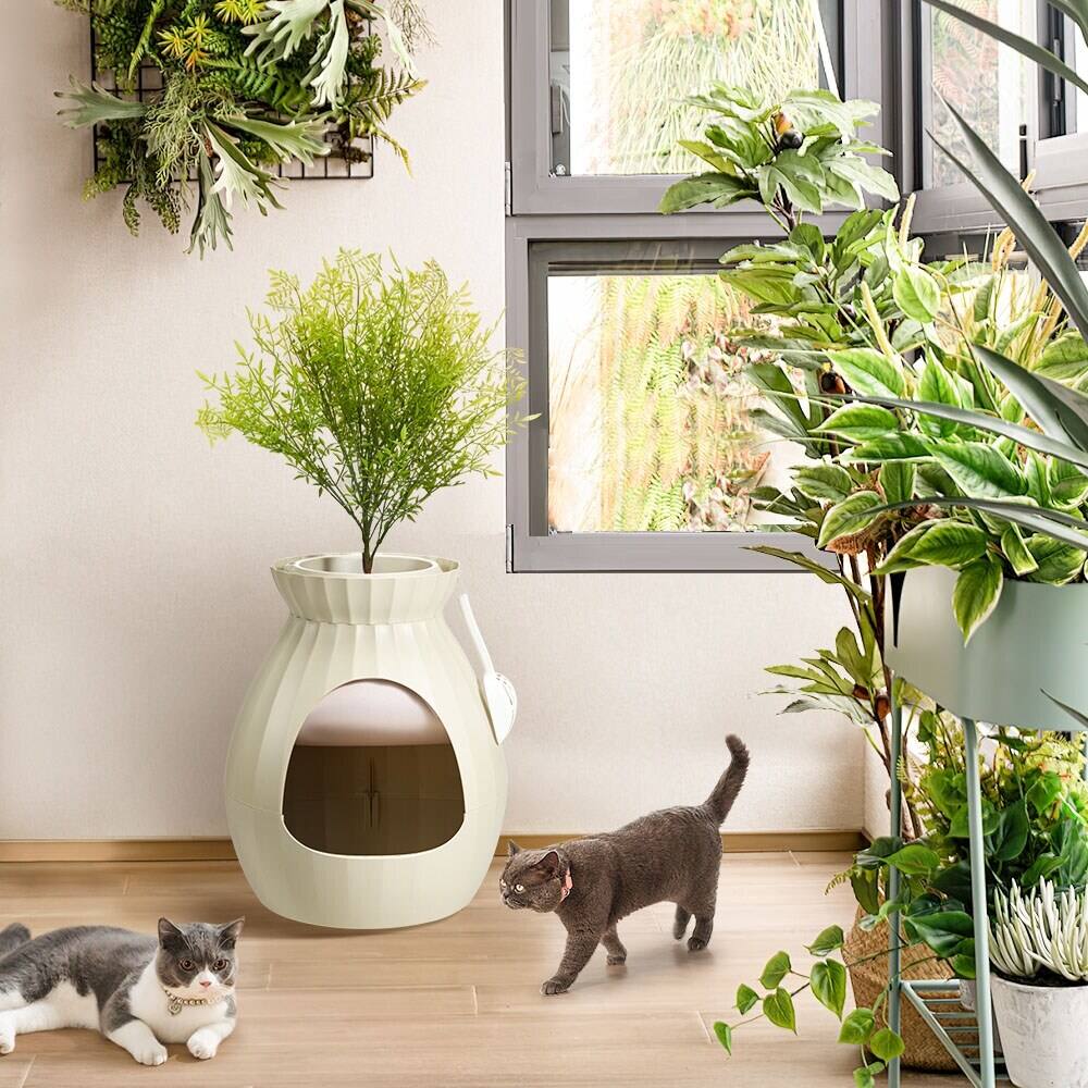 Angle. U-HOMY - Modern Hidden Cat Litter Box Furniture, Decorative Planter Cat Enclosure with Odor Filter & Optional LED Lights - Beige - No LED.