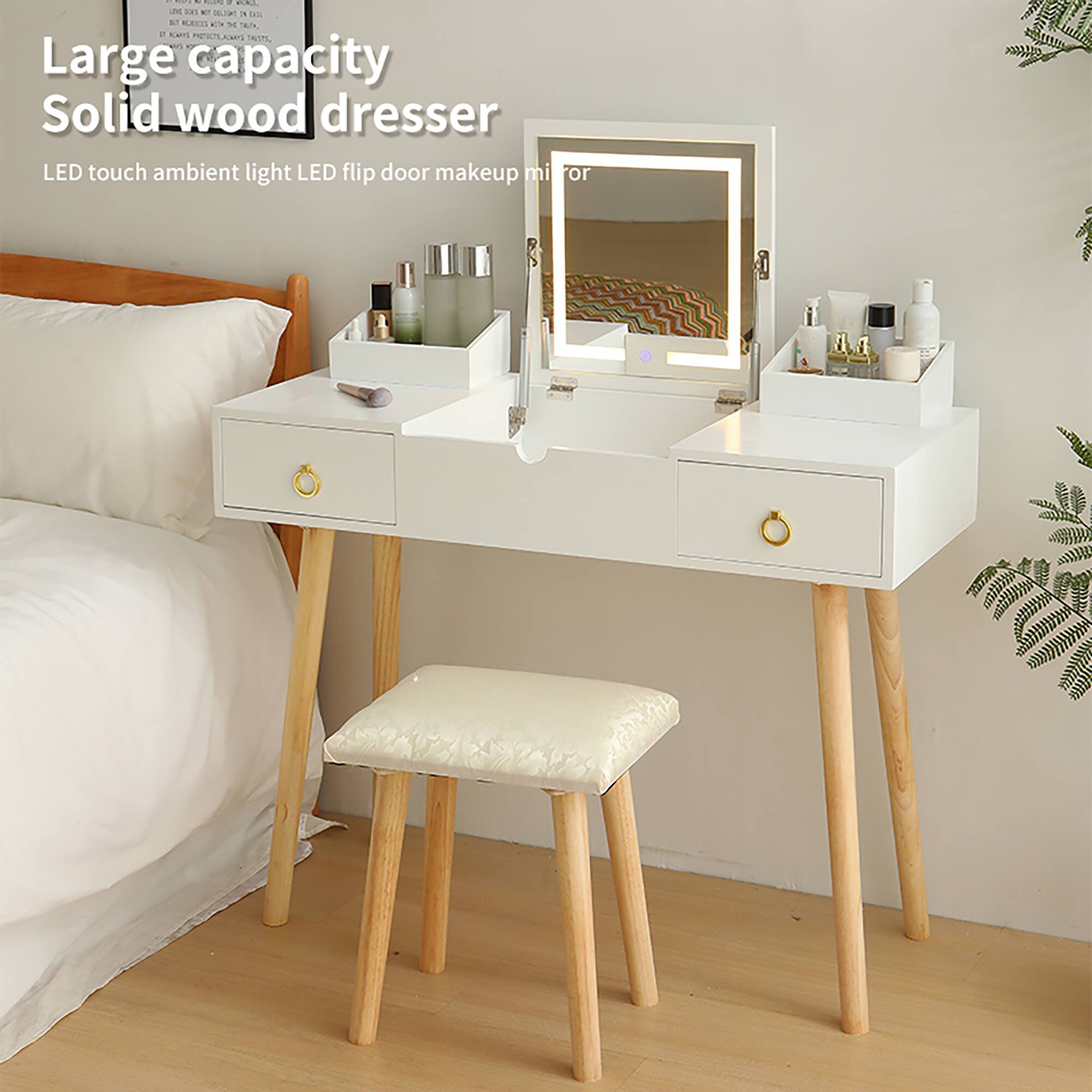 Large capacity Solid wood dresser  
LED touch ambient light LED flip door makeup mirror