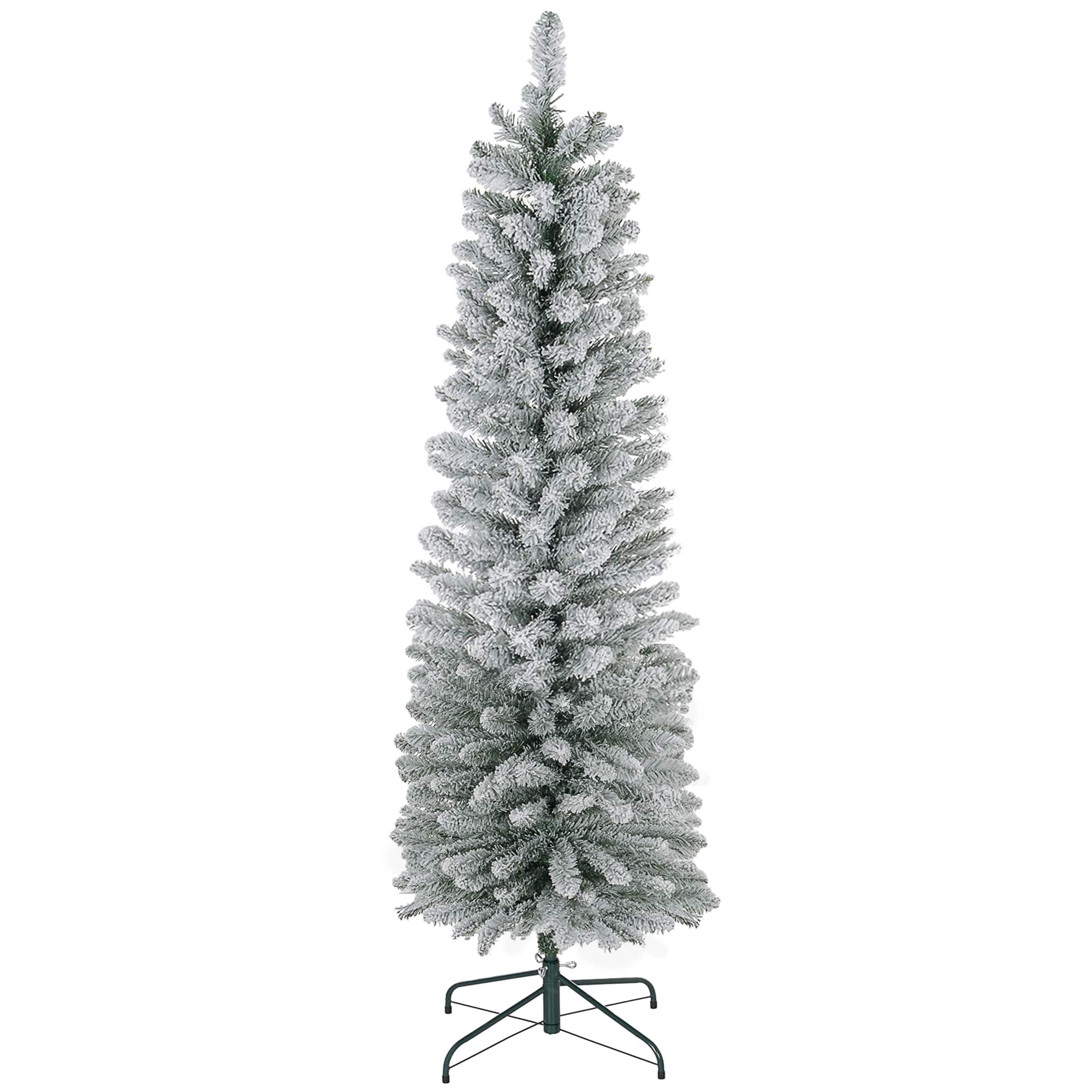 Homcom - Artificial Pencil Christmas Tree with 329 Snow Flocked Tips, Metal Base, Realistic Xmas Tree - Green