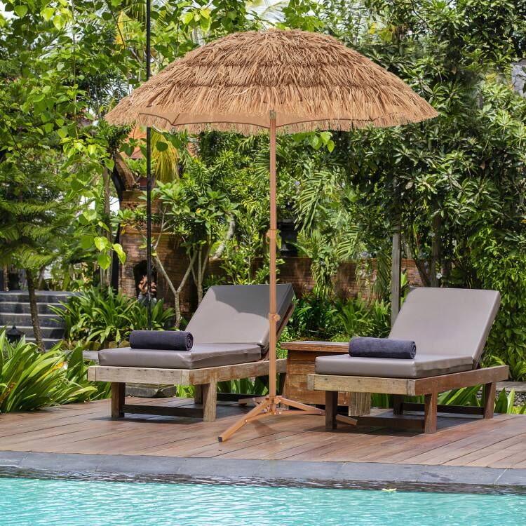 Left. SlickBlue - Patio Thatched Tiki Umbrella, 6.5 FT with Foldable Stand and Push Button Tilt - Natural.