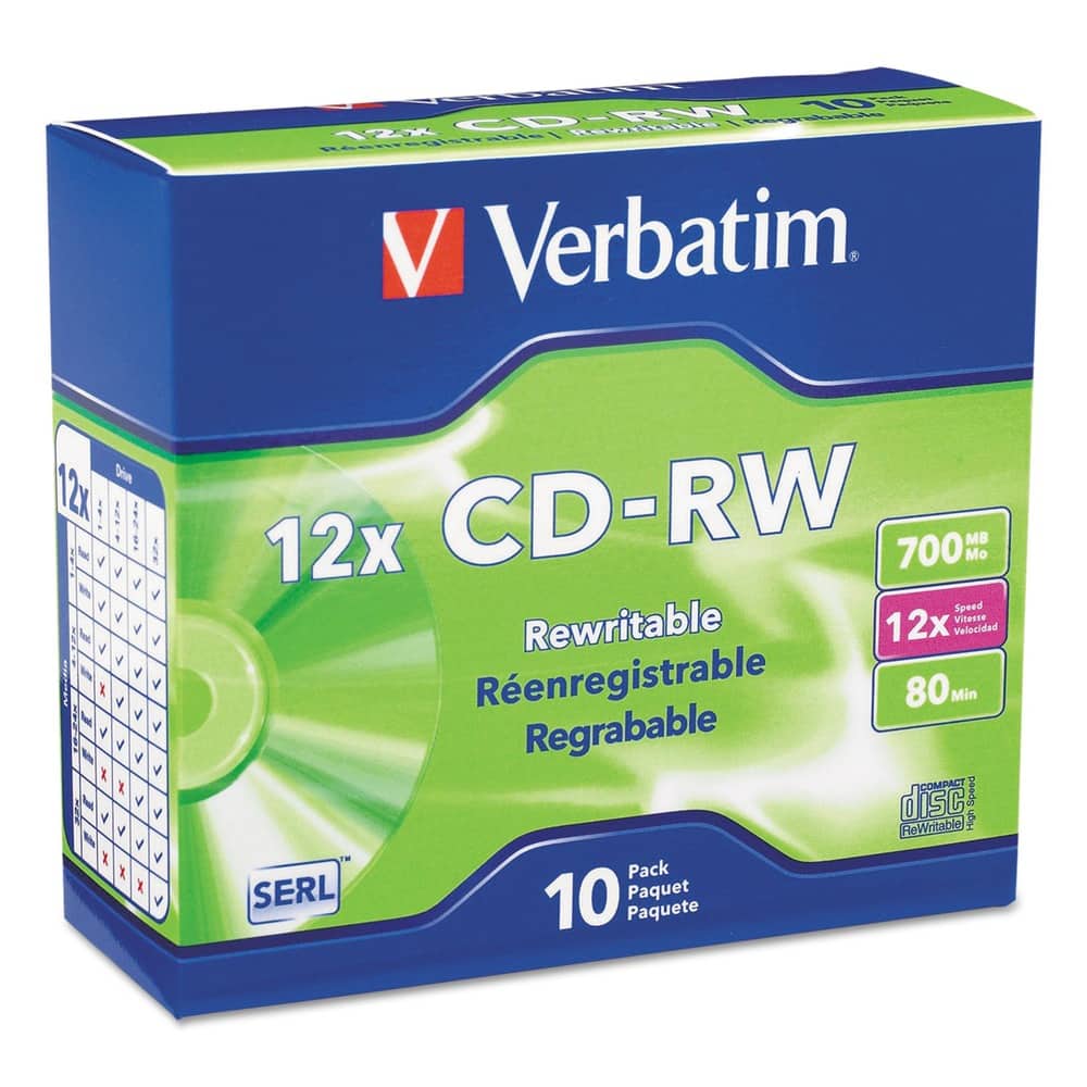 Verbatim - 95156 700 MB/80 min 12x Slim Jewel Case CD-RW High-Speed Rewritable Disc - (10/Pack) - Silver