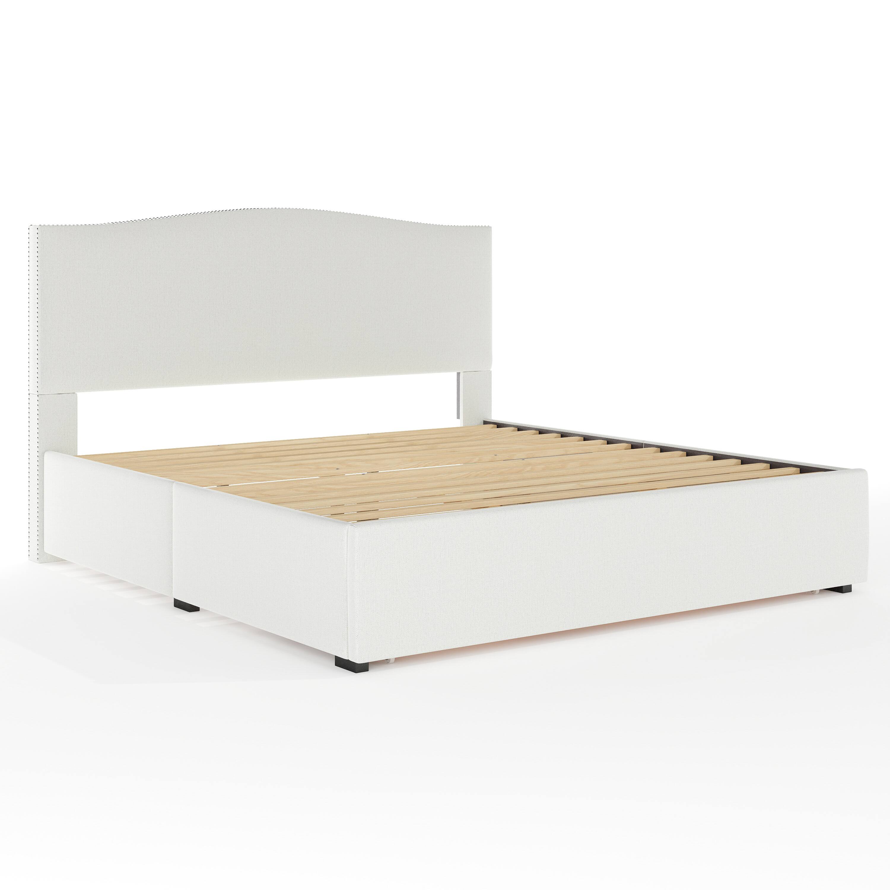 Alt View 1. Martha Stewart - Curved Nail Trim Headboard Platform Bed-Large Storage Drawer - Off-White.