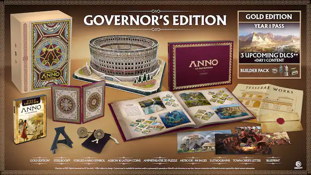 **GOVERNOR'S EDITION**
- **GOLD EDITION**
- STEELBOOK
- FORGED ANNO SYMBOL
- ALBION & LATIUM COINS
- AMPHITHEATRE 3D PUZZLE
- ARTBOOK (84 PAGES)
- 3 LITHOGRAPHS
- TOWN CRIER'S LETTER
- BLUEPRINT
- **YEAR 1 PASS**
- 3 UPCOMING DLCs**
- +DAY 1 CONTENT
- BUILDER PACK
- **TESSERAE WORKS**
*One disc on PSS* Digital download as PC (n 4x Offer subject to change. Content may be available for purchase and/or as (ArEwEDvtS separately x Ubboft's sole discretion N - time Internet connection and Ubisoft Account required for digital content redemption.
**UBISOFT** - T (Teen 13+)