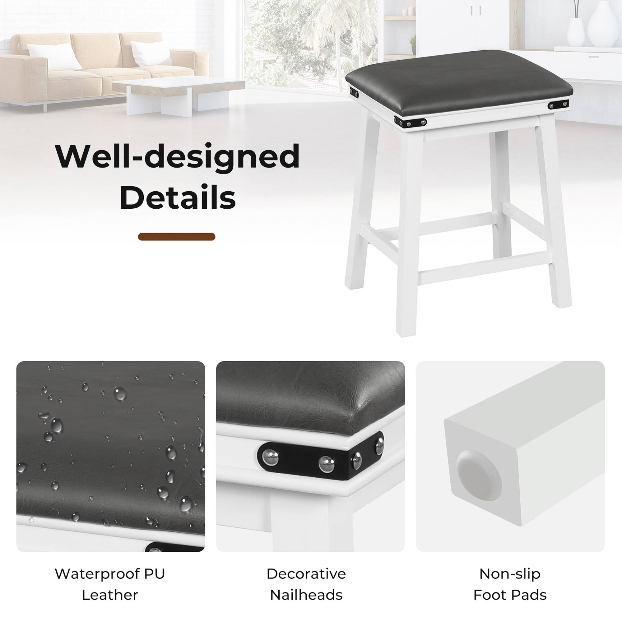 Well-designed Details
Waterproof PU Leather
Decorative Nailheads
Non-slip Foot Pads