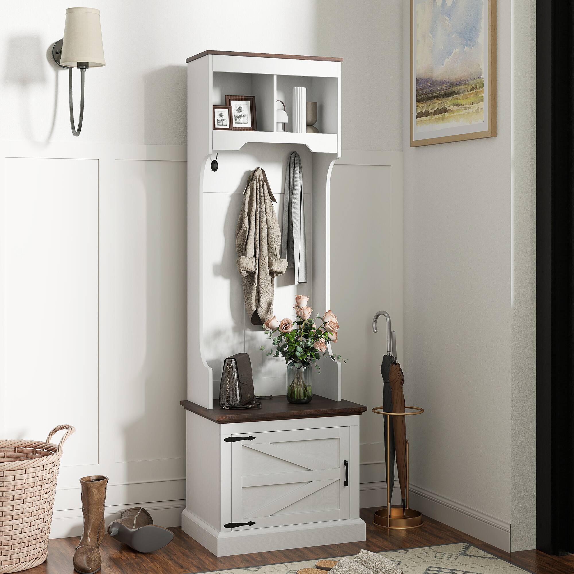 Alt View 1. Homcom - Hall Tree with Shoe Storage, Coat Rack with Bench, Entryway Furniture with Five Hooks - White Wood Grain.