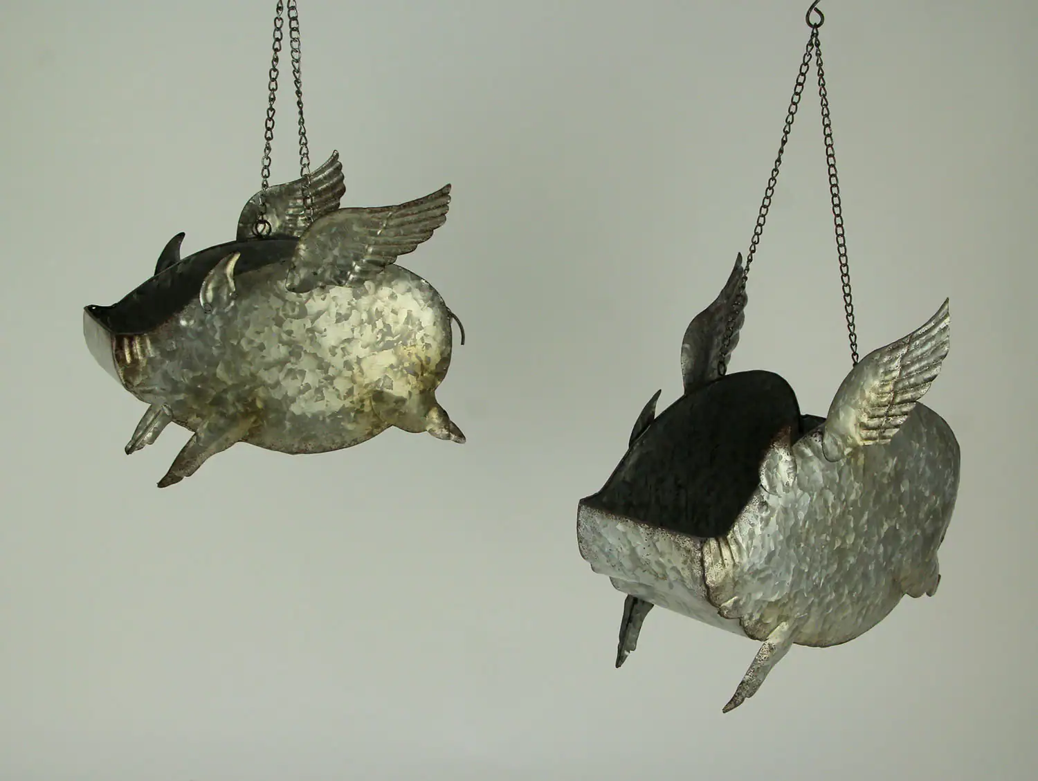 Alt View 1. Zeckos - Distressed Galvanized Metal Flying Pig Hanging Planter Set of 2 - Indoor/Outdoor - Gray.