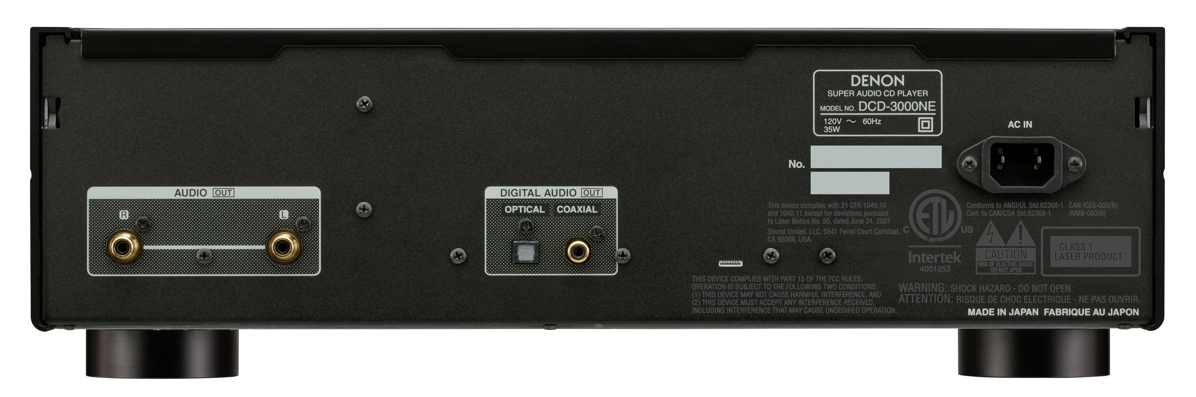 The Denon Super Audio CD Player is a model DCD-3000NE that complies with 21 CFR 1040.10 and conforms to Class 1 Intertek. It is designed to be used with 120V, 60Hz, 35W AC input and has both audio and digital audio outputs. The device is made in Japan and is subject to the following two conditions: it may cause harmful interference and must accept any interference received, including interference that may cause undesired operation. The device is also marked with a laser notice and is not to be opened.