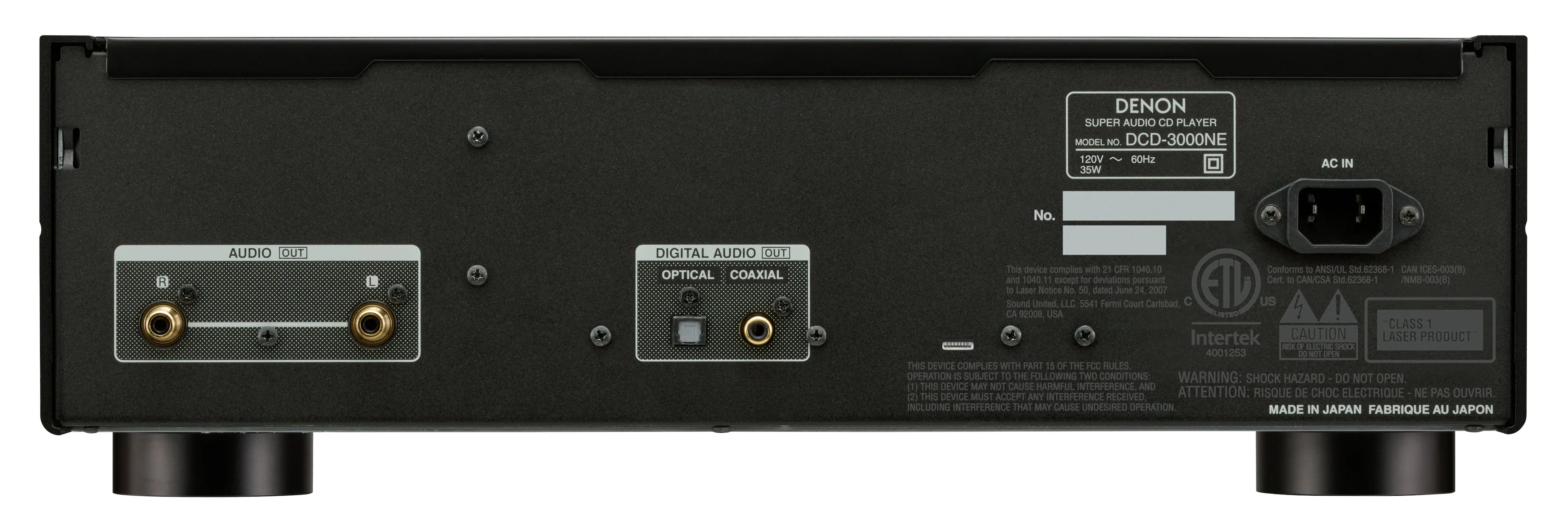 The Denon Super Audio CD Player is a model DCD-3000NE that complies with 21 CFR 1040.10 and conforms to Class 1 Intertek. It is designed to be used with 120V, 60Hz, 35W AC input and has both audio and digital audio outputs. The device is made in Japan and is subject to the following two conditions: it may cause harmful interference and must accept any interference received, including interference that may cause undesired operation. The device is also marked with a laser notice and is not to be opened.
