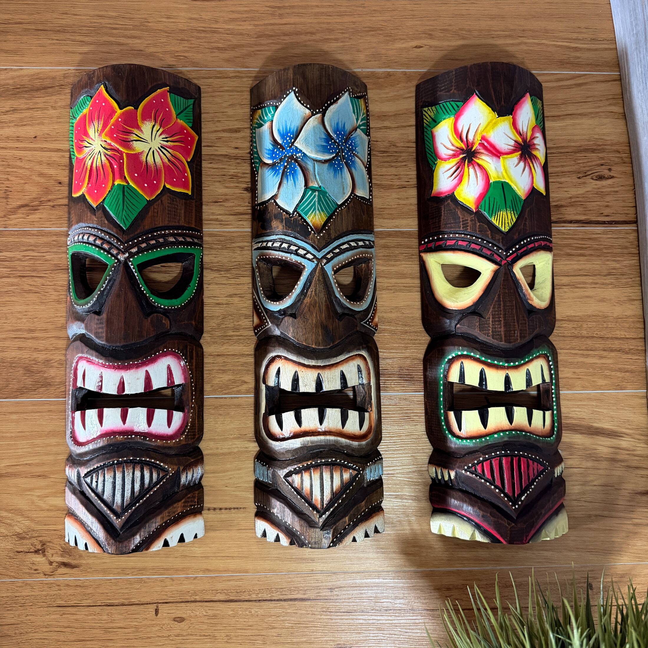 Alt View 7. Zeckos - Hand Carved Wooden Tiki Mask Wall Sculptures Set of 3 Tropical 19 Inch - Multicolored.