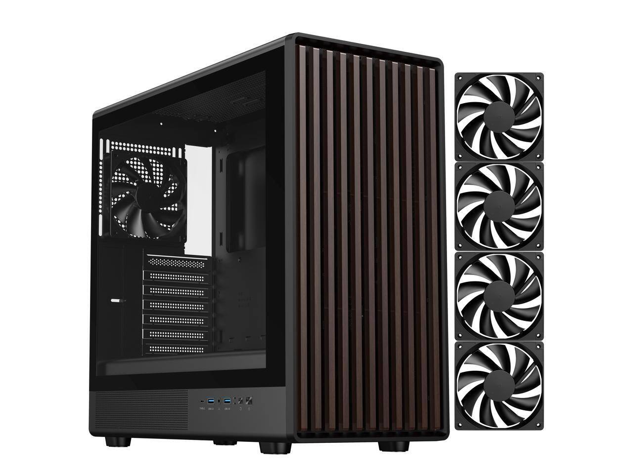 Angle. DIYPC - DIYPC DIY-ATX08-Wood Black ATX Mid Tower Case, USB3.0/Type C, Tempered Glass, Walnut Front, 4x120mm PWM Fans - Black.