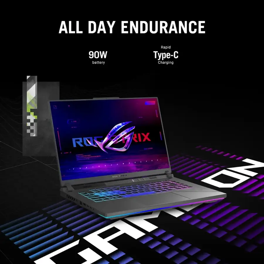 The text on the image reads: "All Day Endurance 90W battery Rapid Charging - a - | IX I RON - - | I - | | | FIRIX DI TH."