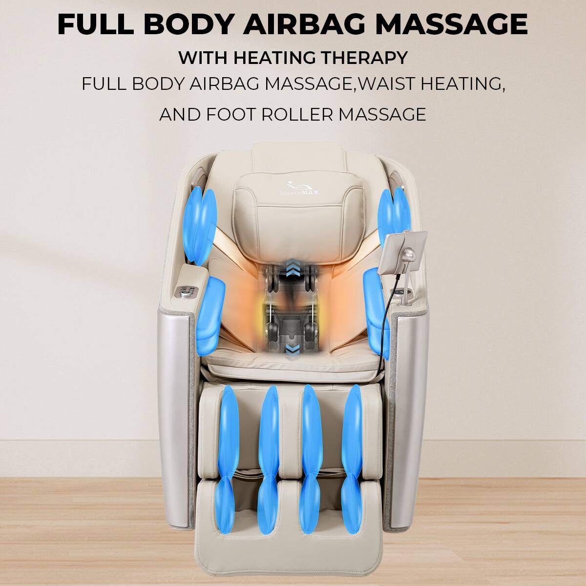 FULL BODY AIRBAG MASSAGE  
WITH HEATING THERAPY  

FULL BODY AIRBAG MASSAGE, WAIST HEATING, AND FOOT ROLLER MASSAGE  

MASSOMAX