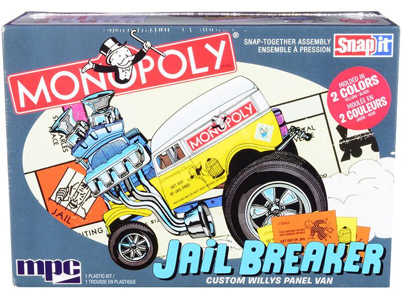 Sure, here is the corrected and grouped text from the image:

---

**MONOPOLY**

**JAIL BREAKER**  
CUSTOM WILLYS PANEL VAN

**SNAP-TOGETHER ASSEMBLY**  
ENSEMBLE A PRESSION

**Snap it**

**MOLDED IN 2 COLORS**  
MOULE EN 2 COULEURS  
YELLOW - BLACK  
JAUNE - NOIR

**1 PLASTIC KIT / 1 TROUSSE EN PLASTIQUE**

**mpc**

**Community Chest**  
GET OUT OF JAIL FREE  
THIS CARD MAY BE KEPT UNTIL NEEDED OR SOLD

**Chance**  
GET OUT OF JAIL  
THIS CARD MAY BE KEPT UNTIL NEEDED OR SOLD

**JAIL**

**SAGE**  
**ARLENE**

**SNAP-TOGETHER ASSEMBLY**  
ENSEMBLE A PRESSION

**MONOPOLY**

**JAIL BREAKER**  
CUSTOM WILLYS PANEL VAN

**SNAP-TOGETHER ASSEMBLY**  
ENSEMBLE A PRESSION

**Snap it**

**MOLDED IN 2 COLORS**  
MOULE EN 2 COULEUR