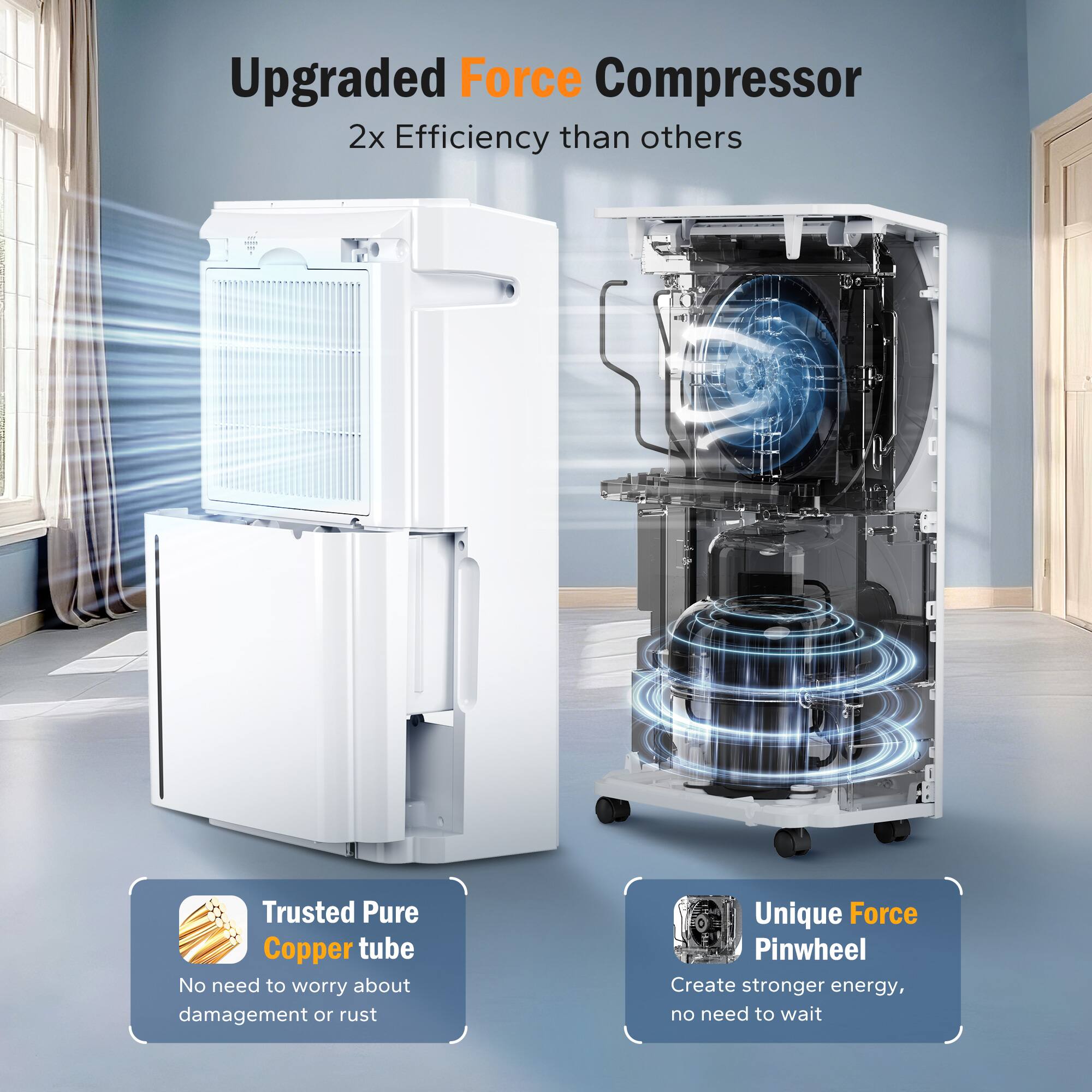 Upgraded Force Compressor  
2x Efficiency than others  

Trusted Pure Copper tube  
No need to worry about damage or rust  

Unique Force Pinwheel  
Create stronger energy, no need to wait