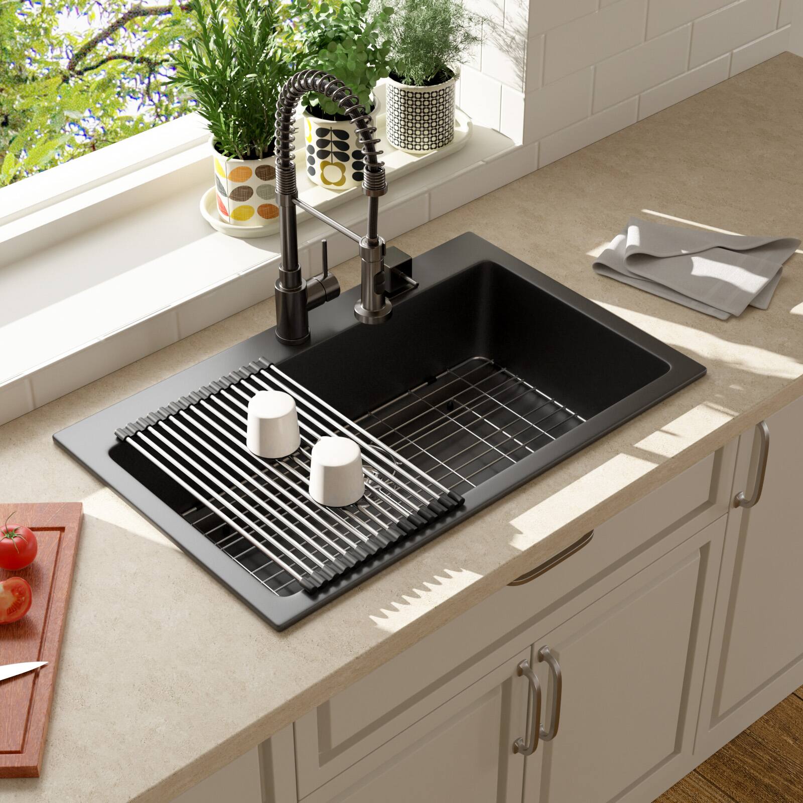 Angle. Lordear - 33x22x10 Inch Black Granite Composite Drop In kitchen Sink Single Bowl Quartz Kitchen Sink - Black.