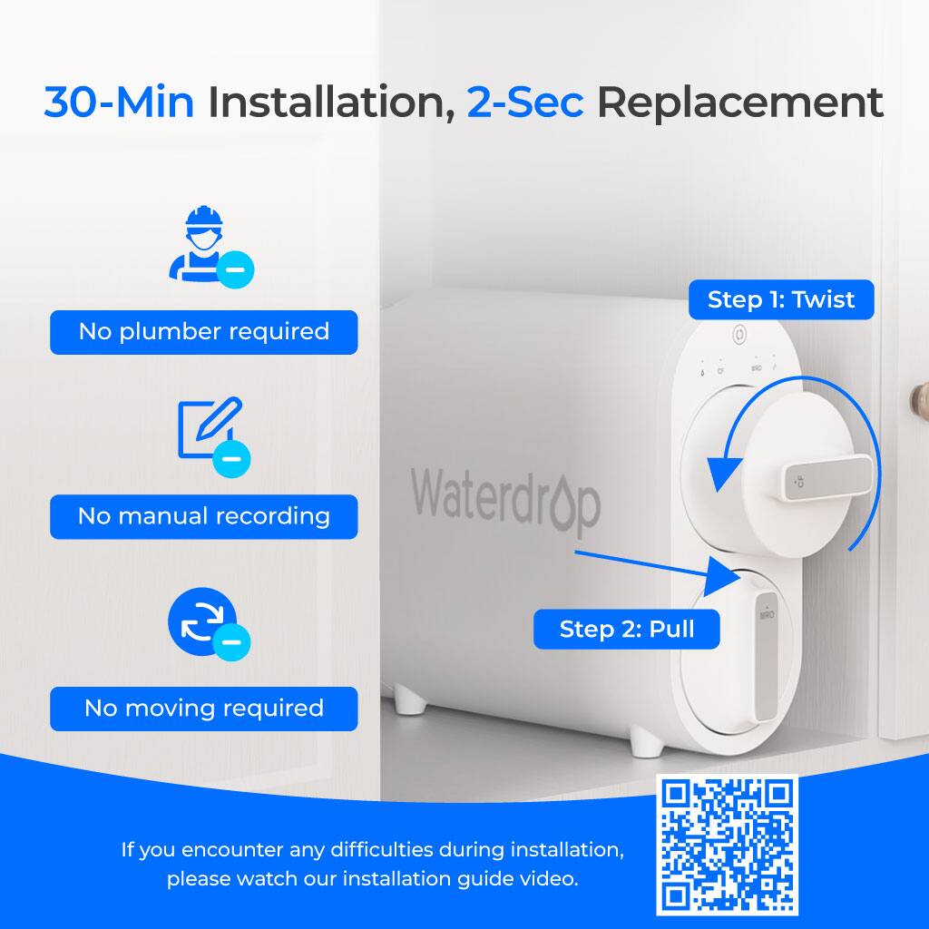 30-Min Installation, 2-Sec Replacement

No plumber required

Step 1: Twist

No manual recording

Step 2: Pull

No moving required

If you encounter any difficulties during installation, please watch our installation guide video.