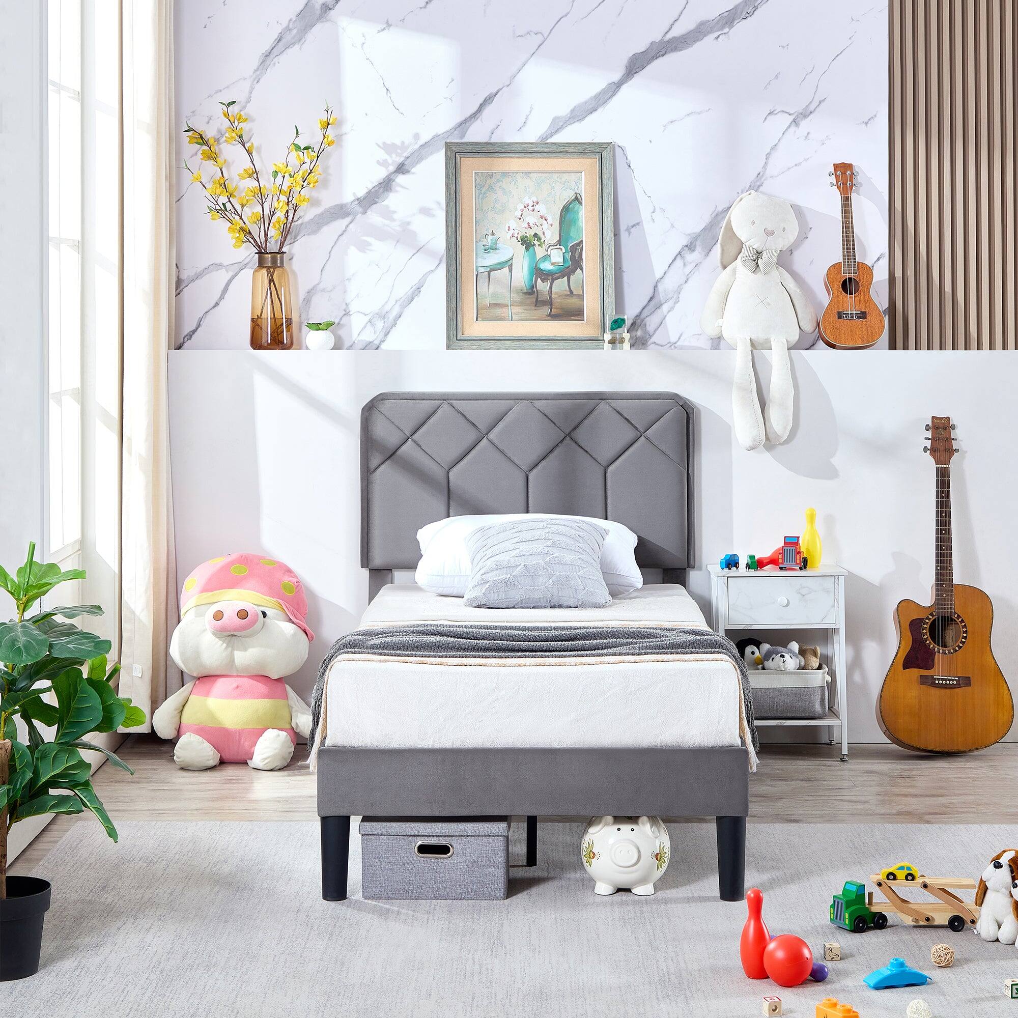 Angle. Vecelo - Twin Size Upholstered Bed With Adjustable Headboard And Underbed Storage - Metal Platform Bed,Quiet Design - Dark Grey.