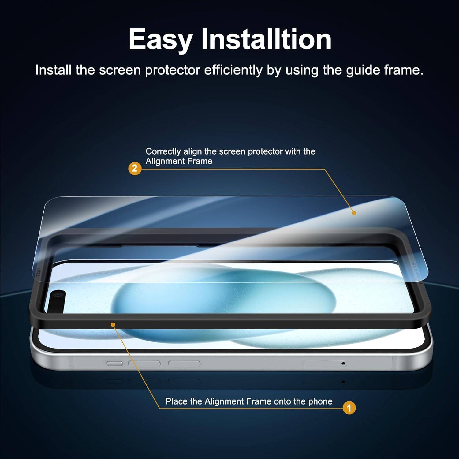 Easy Installation

Install the screen protector efficiently by using the guide frame.

1. Place the Alignment Frame onto the phone
2. Correctly align the screen protector with the Alignment Frame